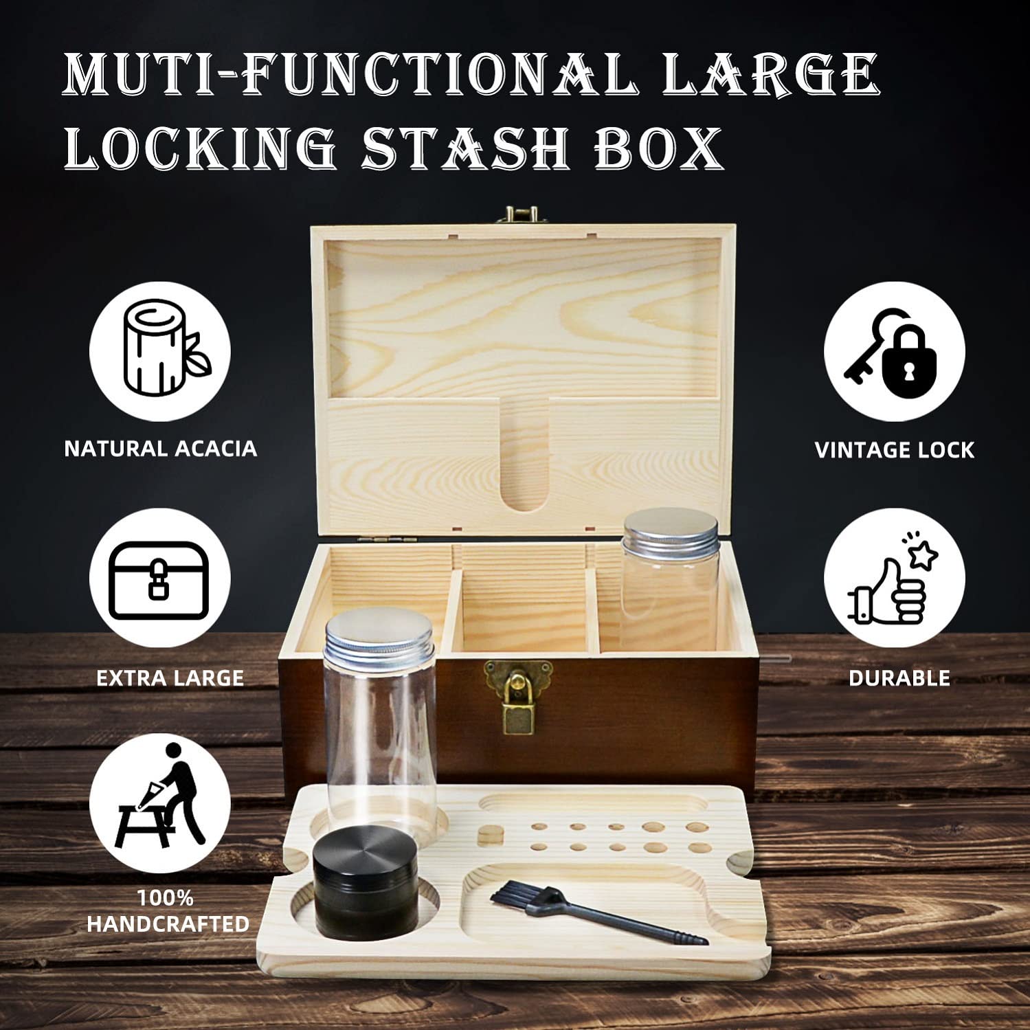Acacia Wood Stash Box with Smell Proof Storage, Rolling Tray & Combination Lock - Premium Keepsake Chest for Jewelry, Accessories & Valuables - Perfect Gift for Men, Husband or Father (Christmas, Birthday, Anniversary) - Ideal for Home, Office & Travel Organization