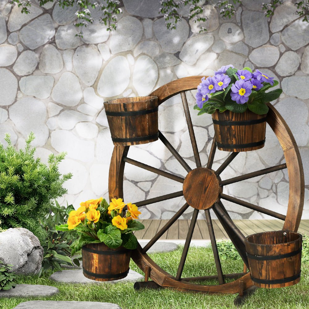 80cm Wooden Wagon Wheel Plant Stand - Rustic Garden Decor for Outdoor Plants | Perfect for Patio, Yard & Farmhouse Style Landscaping