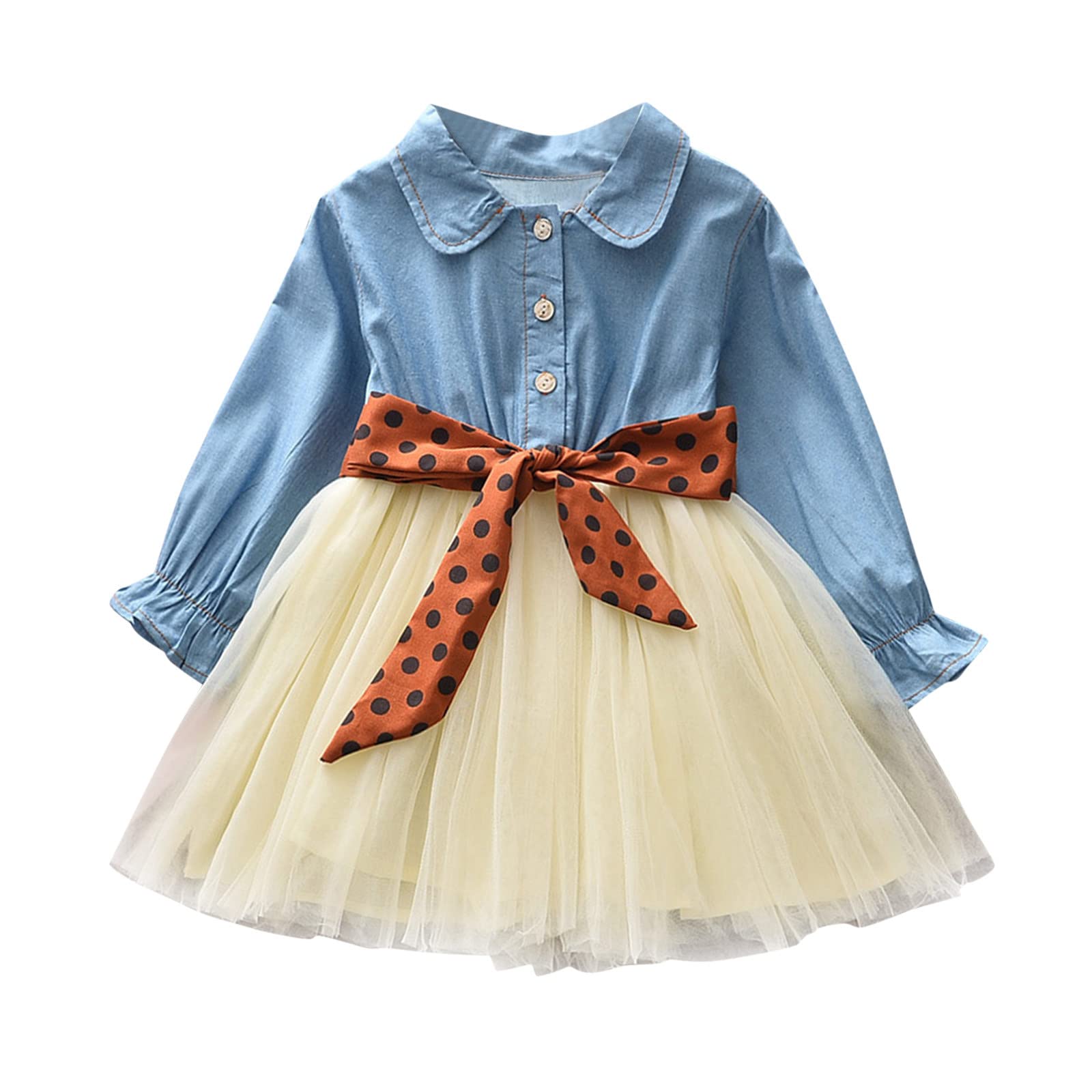 **Princess Denim Dress for Baby Girls - Long Sleeve Tulle Dress with Removable Belt, Toddler Casual Outfit | Perfect for Birthday Parties, Photo Shoots & Special Occasions**