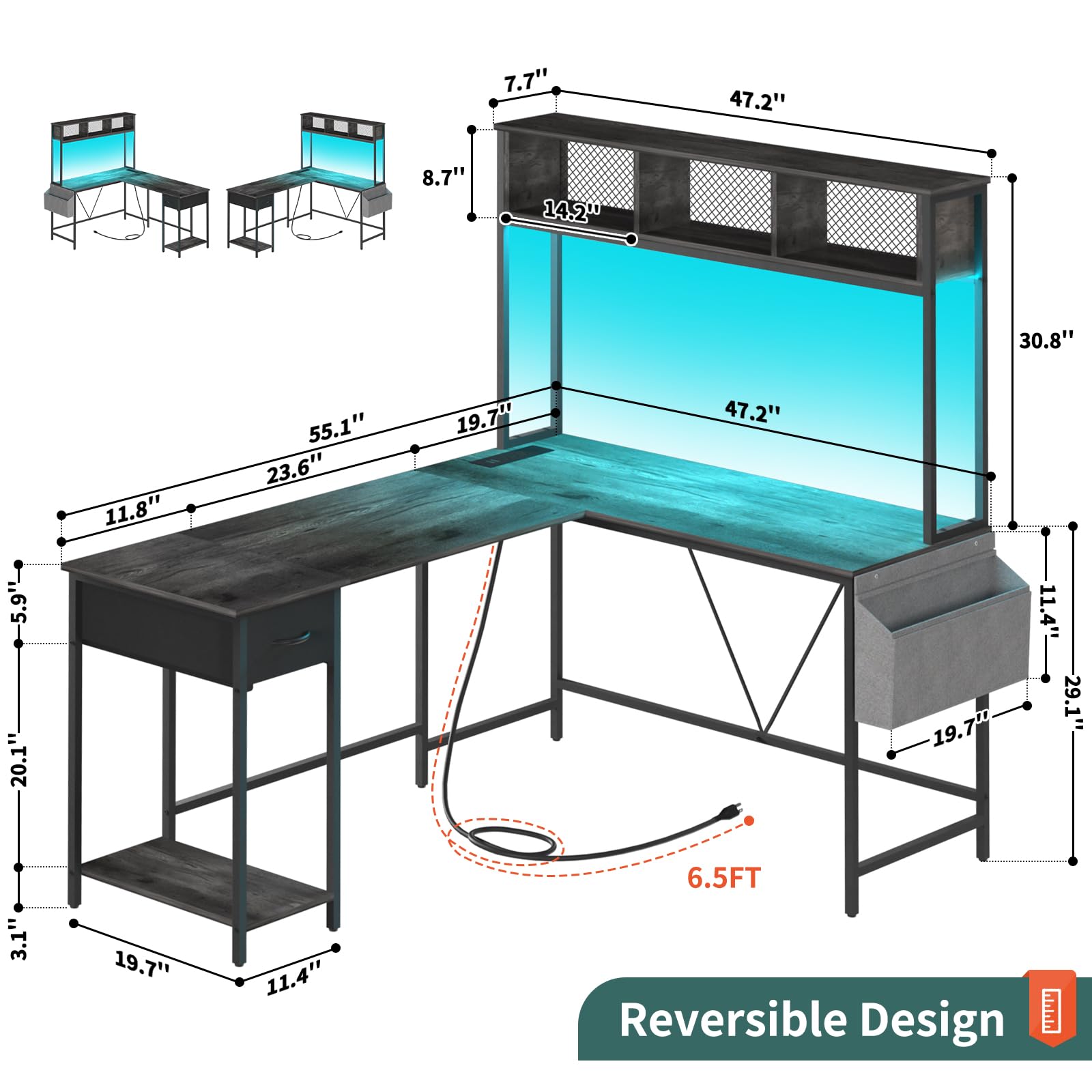 Yoobure L-Shaped Gaming Desk with LED Lights & Power Outlet - Reversible Corner Computer Desk with Storage Shelf, Drawer & Organizer Bag - Ergonomic Home Office Desk for 2 People (Gray) - Perfect for Small Spaces, Gaming Setups & Shared Workspaces
