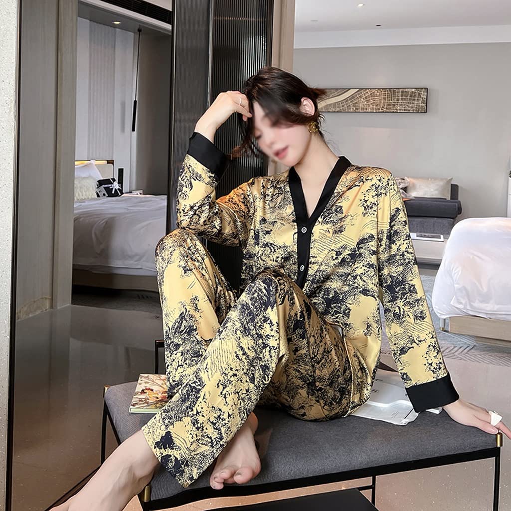Premium Women's Ice Silk Pajama Set - Long Sleeve Printed Cardigan & Pants (Fuchsia, Large) | Soft & Breathable Sleepwear for Spring & Fall | Cozy Loungewear for Home Relaxation & Sleep