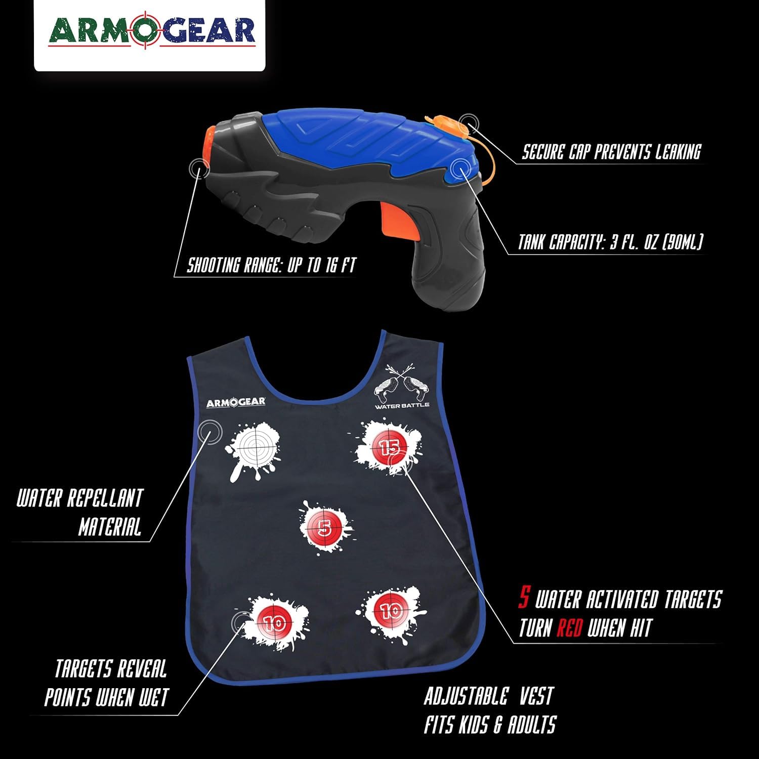 ArmoGear Water Target Vests & Guns - Outdoor Summer Toys for Kids 8+ | Backyard Water Play Fun