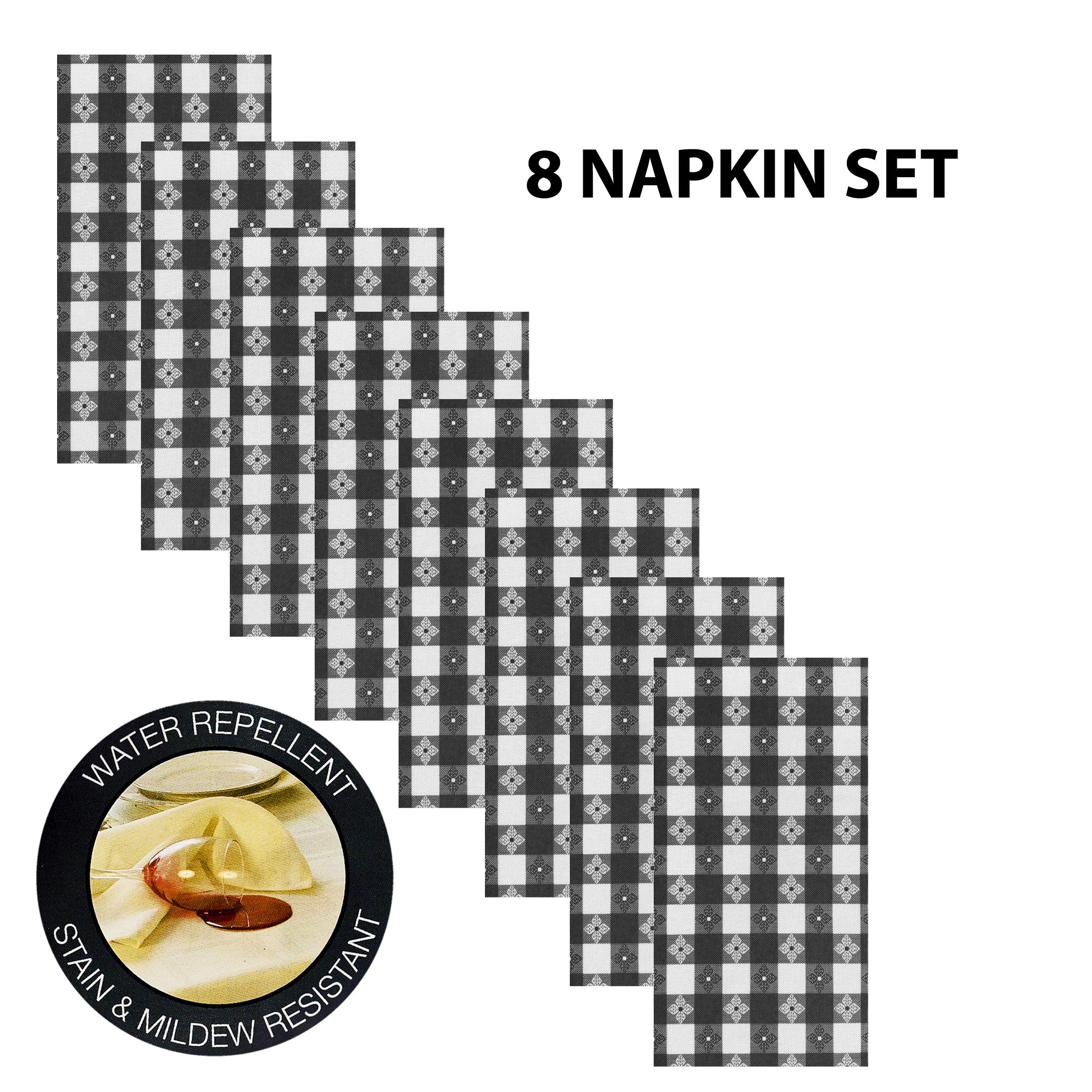 Premium American Tavern Check Indoor/Outdoor Fabric Napkins - Waterproof & Stain Resistant Bistro Checkered Table Linens (Set of 8, Black) - Perfect for Restaurants, Picnics, BBQs & Dinner Parties