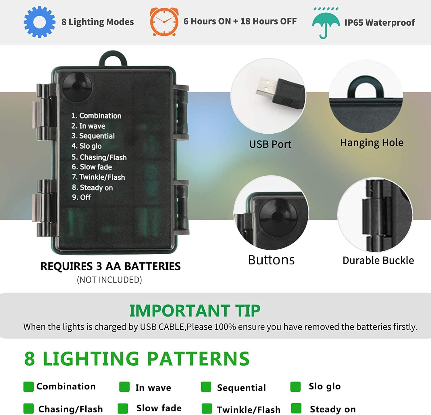 Tcamp 33ft 100LED Christmas String Lights with Remote Timer - USB/Battery Powered Waterproof Fairy Lights for Indoor & Outdoor Decor - 8 Lighting Modes for Christmas Tree, Wreath, Party & Home Decoration (White)