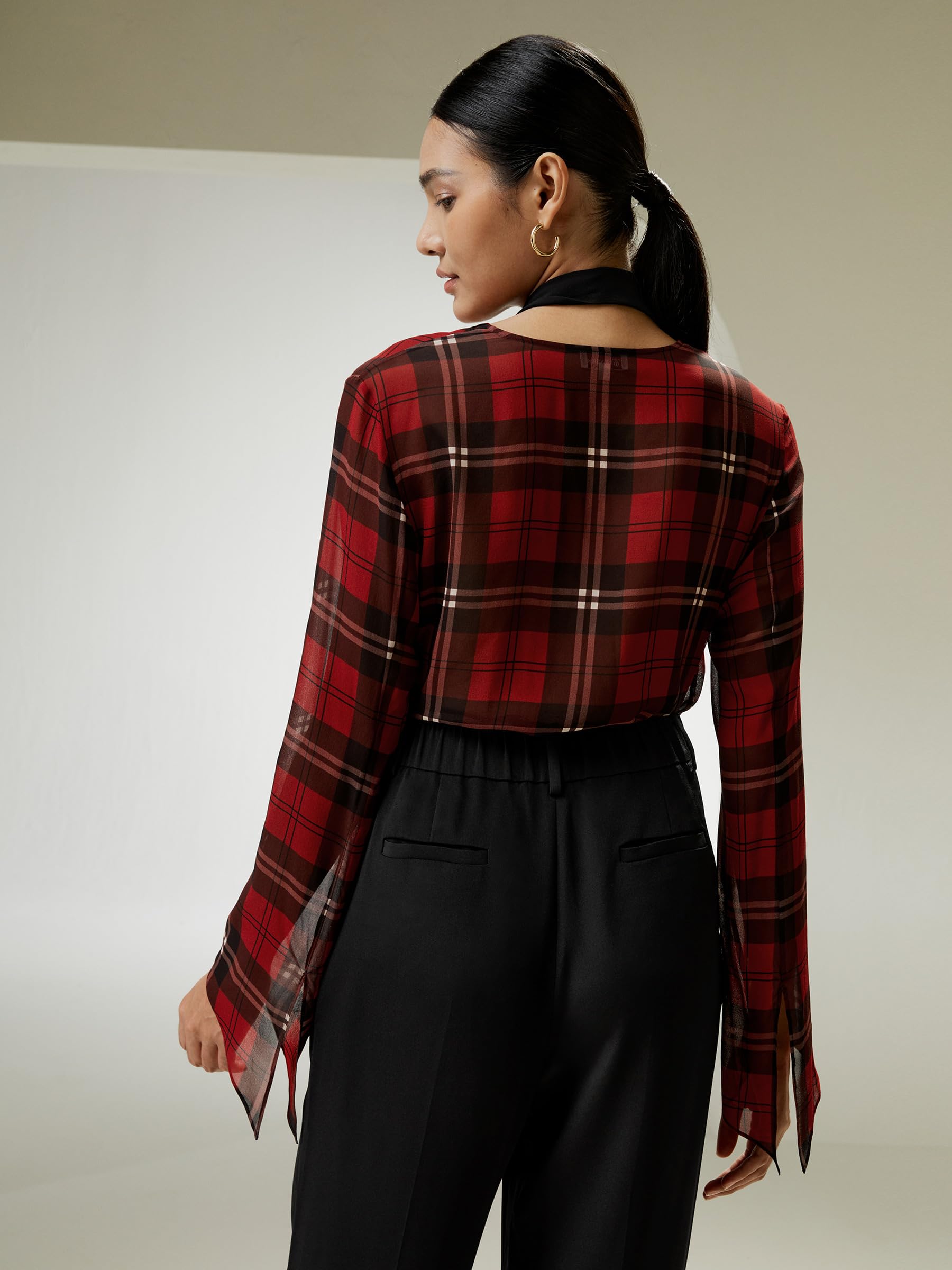 LilySilk Women's Pure Silk Blouse - 14MM Ruffle Neckline & Side Slit Cuffs - Black Red Checkered Pattern Top for Work, Party & Special Occasions