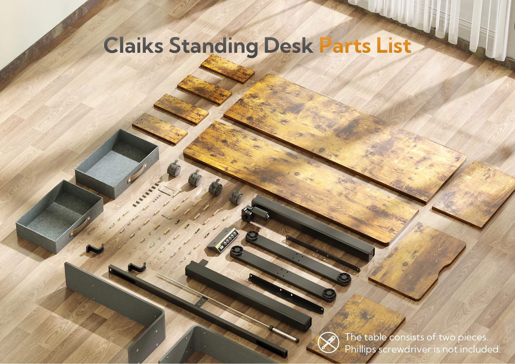 Claiks Electric Standing Desk with Drawers - 55 Inch Adjustable Height Sit Stand Desk with Storage Shelf & Splice Board - Rustic Brown Home Office Desk for Work from Home & Ergonomic Workspace