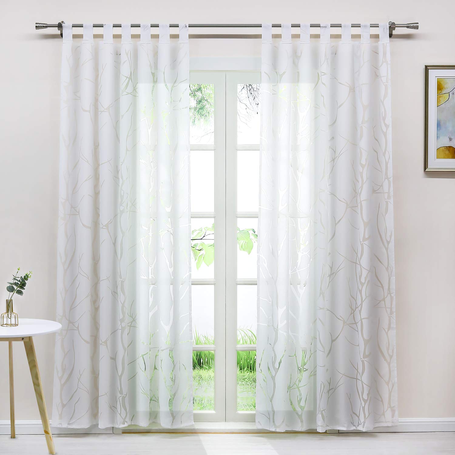 Sheer Voile Window Curtains - Burnout Branch Pattern Tab Top Panels for Small Windows, Kitchen, Living Room & Bedroom - 1 Panel (White, 54