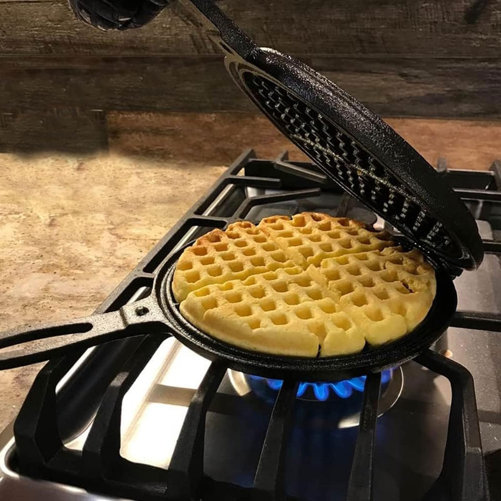 Premium 8-Inch Cast Iron Stovetop Waffle Maker - Heavy Duty, Fast Heating, Uncoated Surface - Rustic Round Belgian Waffle Iron for Camping, Home Kitchen & Outdoor Cooking