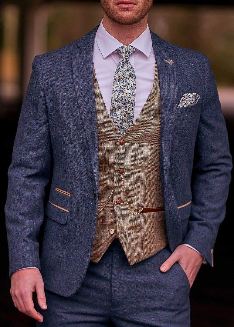 Marc Darcy Blue Tweed 3-Piece Wedding Suit with Brown Waistcoat | Formal Groom Attire for Weddings, Prom & Special Occasions