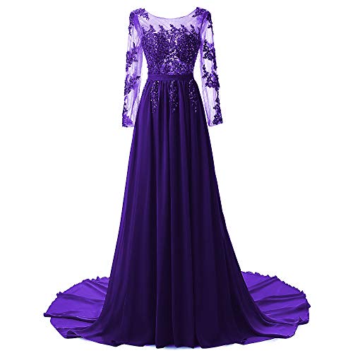 IVYPRECIOUS Women's Long Sleeve Chiffon Bridesmaid Dress with Lace & Beaded Details - Formal Prom Evening Gown in Purple (Size 22W US) - Perfect for Weddings, Parties & Special Occasions