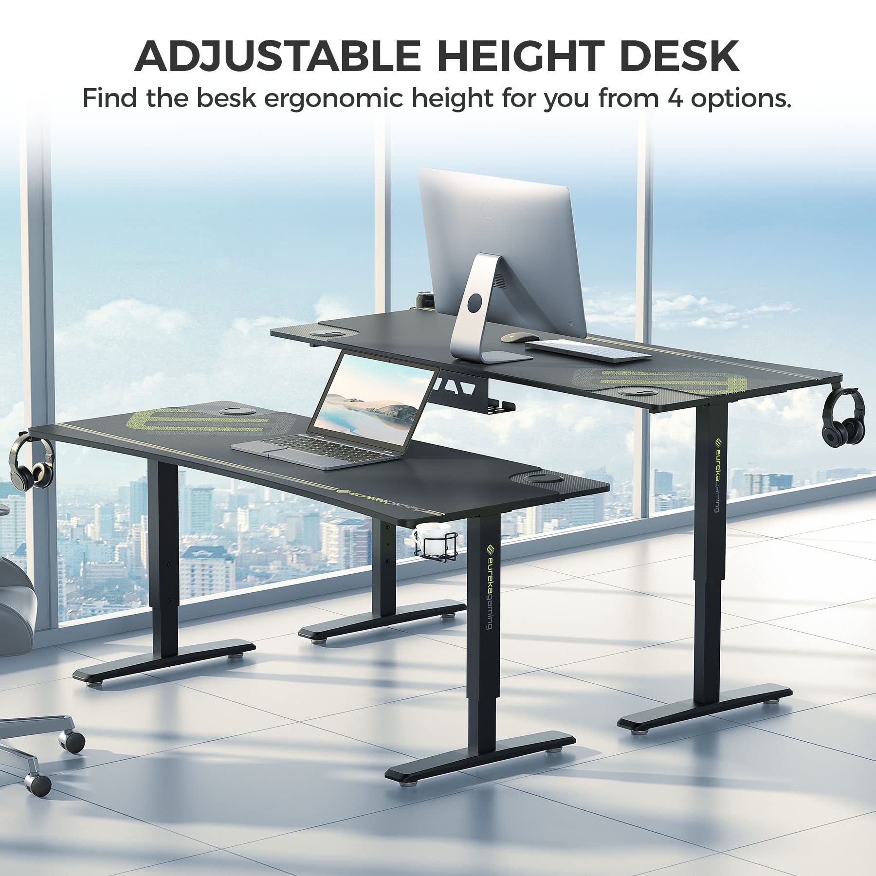 EUREKA ERGONOMIC 63 Inch Height Adjustable Gaming Standing Desk - Manual Mechanical Lift, Large Home Office Desk with Curved Edge, Dual Monitor & Controller Stand - Perfect for PC Gaming, Work from Home & Ergonomic Workspace Setup