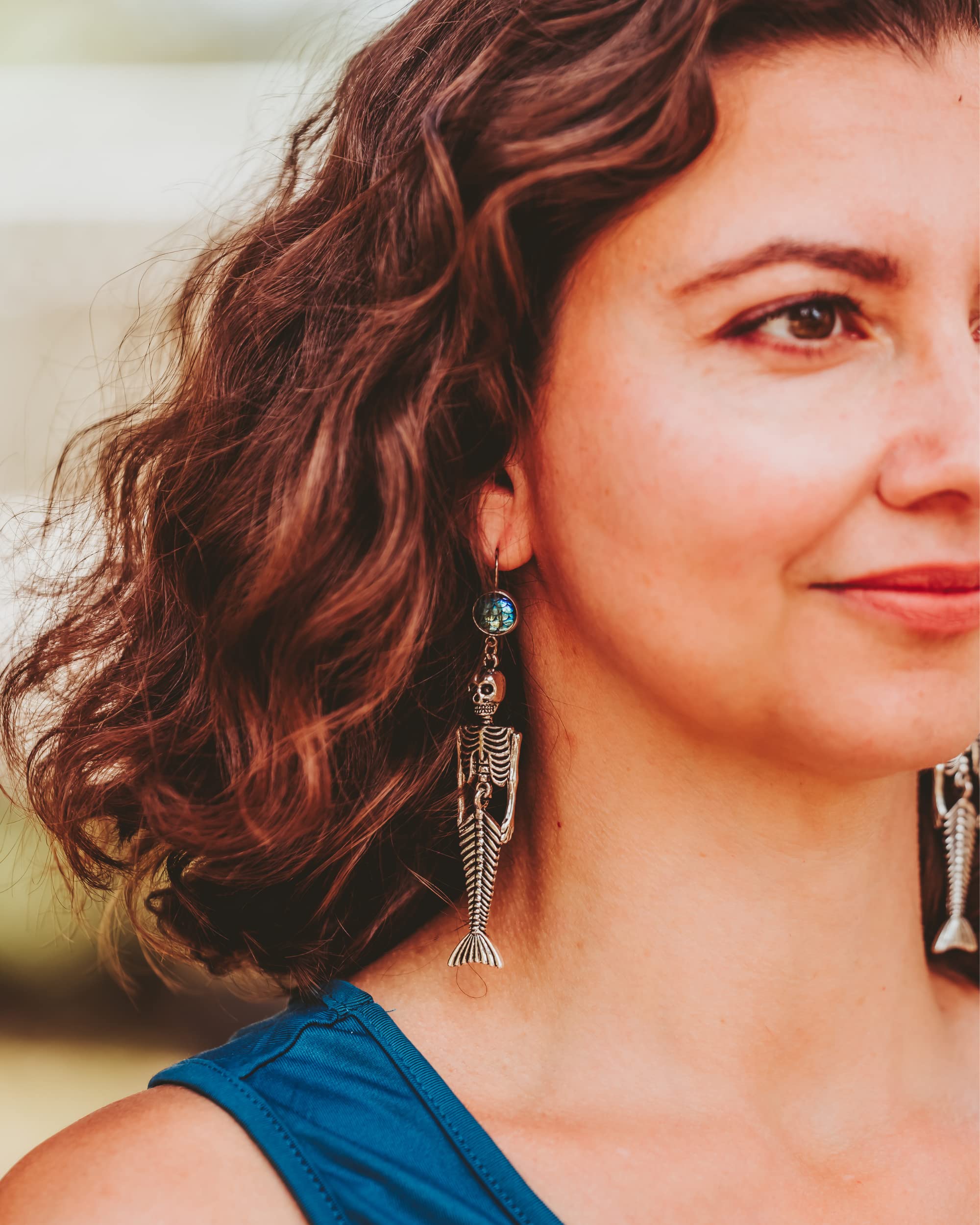 Mermaid Skeleton Dangle Earrings with Scales - Unique Summer & Halloween Jewelry for Women - Perfect for Costume Parties, Beach Vacations, and Gothic Fashion