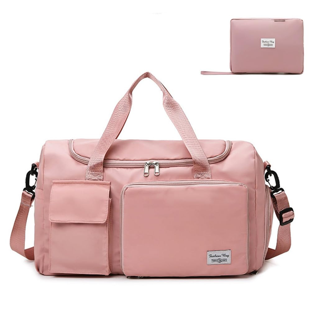 Foldable Travel Duffel Bag - Large Capacity Gym Bag with Shoe Compartment & Wet Pocket | Waterproof Sports Bag for Fitness, Training, Weekend Trips & Travel | Perfect for Gym, Yoga, Beach & Outdoor Activities (Pink)