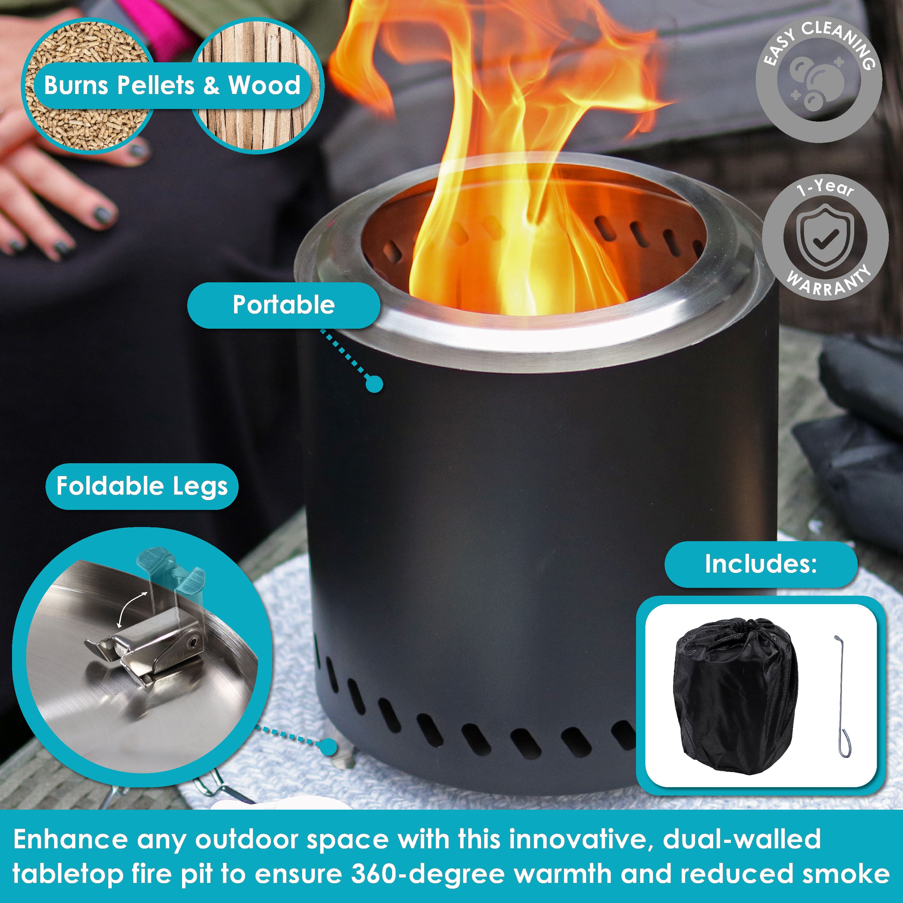 Sunnydaze Portable Tabletop Smokeless Fire Pit with Carry Bag & Poker - Perfect for Camping, Backyard, Patio & Outdoor Gatherings