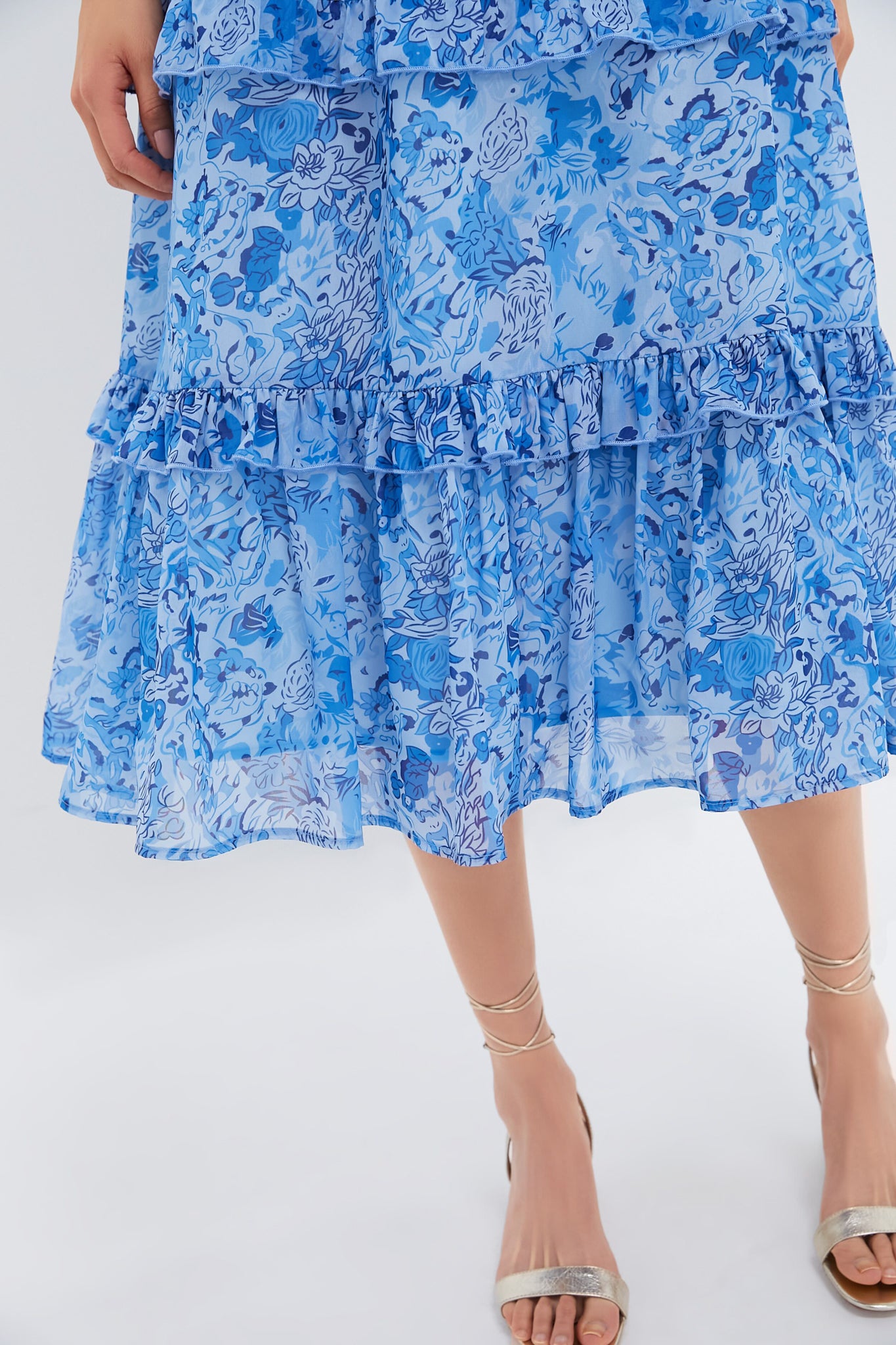 Blue Multi Abstract Floral Rosalind Ruffle Midi Dress - Elegant Summer Dress for Women, Perfect for Beach Vacations, Garden Parties & Date Nights