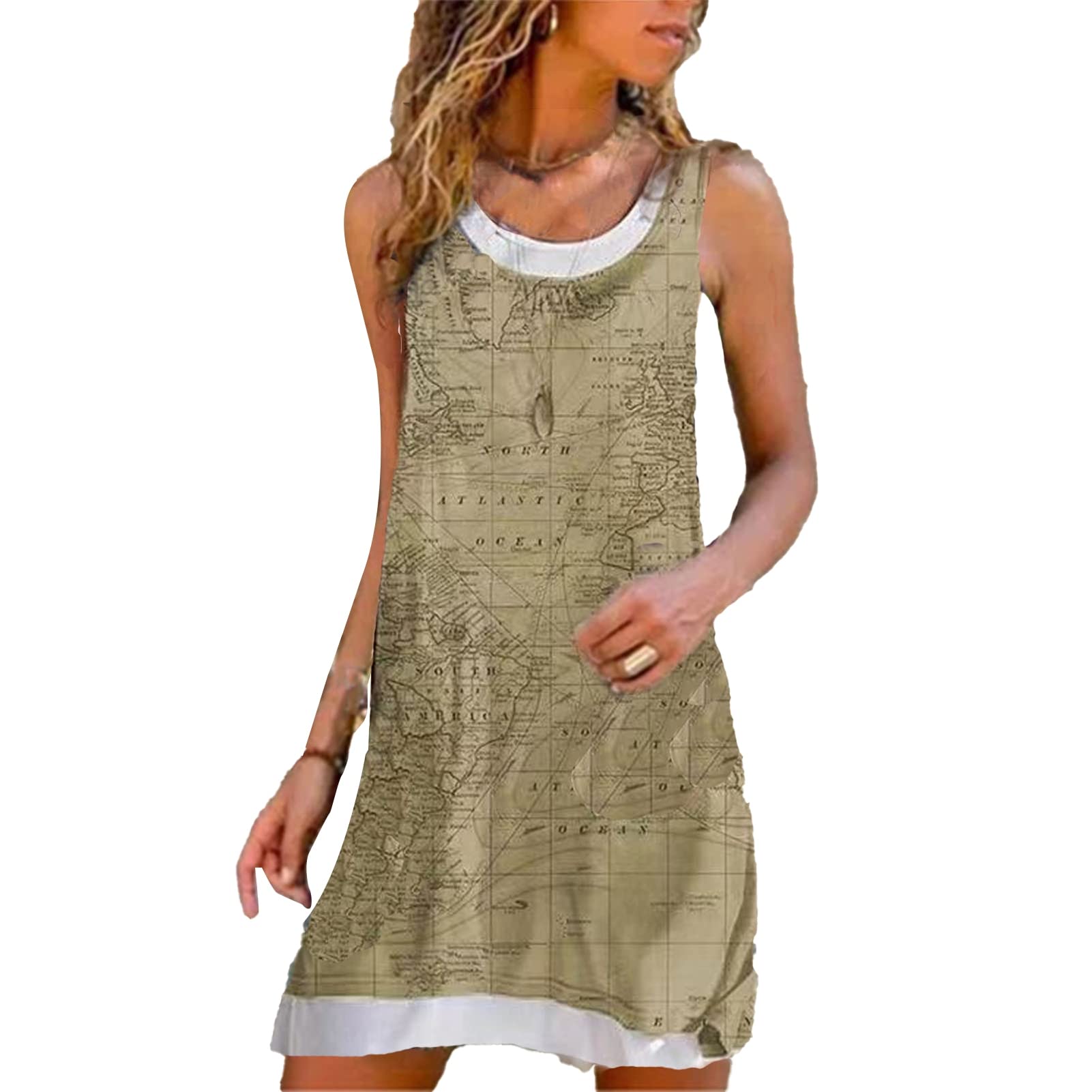 Stylish Women's Summer Map Print Sleeveless Dress - Round Neck Fake Two Piece Outfit for Dating, Beach & Casual Wear