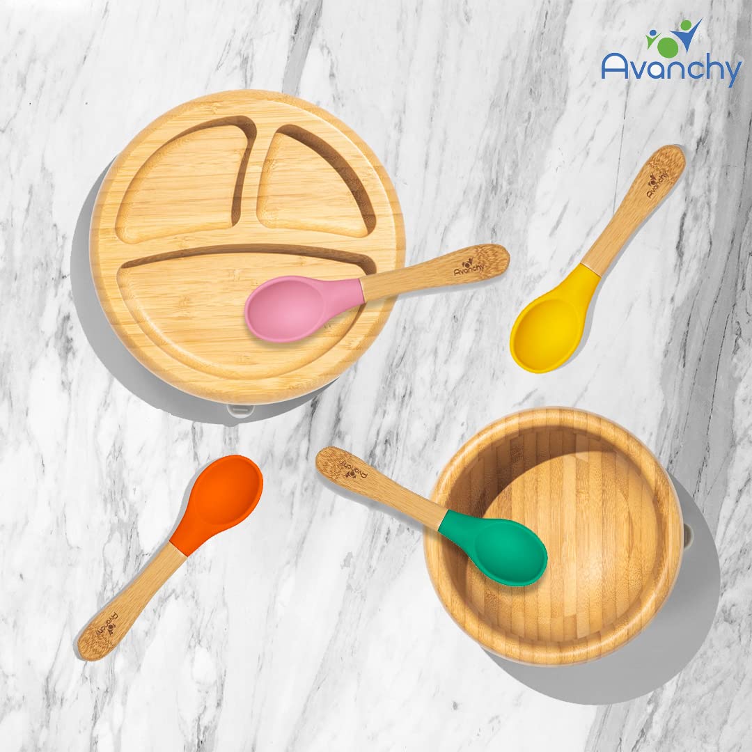Avanchy BPA-Free Baby Divided Bamboo Plate Set with Bowl & Spoons - Eco-Friendly Toddler Utensils for Mealtime - Perfect Gift for 6-24 Months Old - Ideal for Home, Daycare & Travel Use