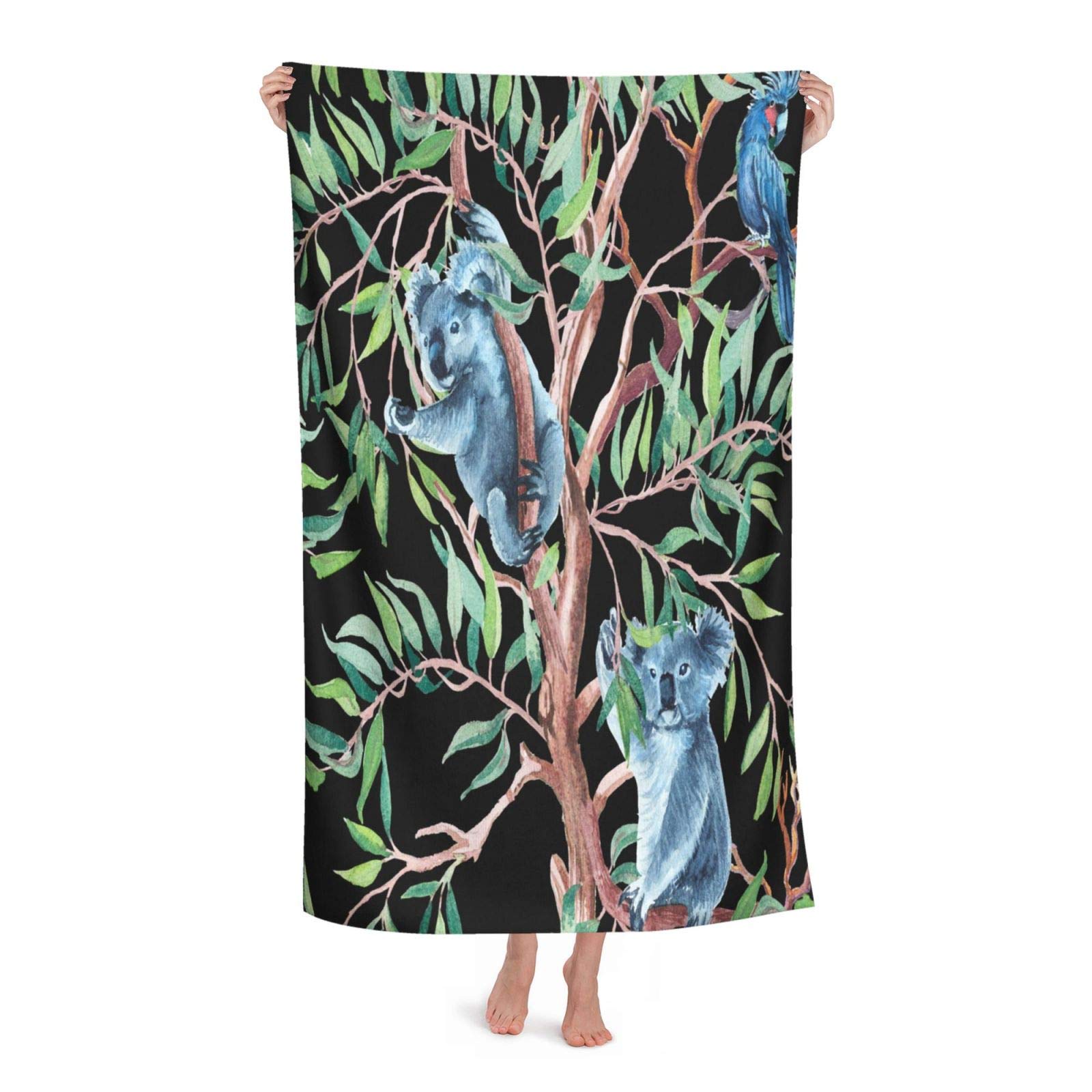 Wozukia Watercolor Tropical Bath Towel - Koala on Branches & Parrot Design, Exotic Plants & Wildlife Texture, Green & Black, Super Absorbent & Quick Dry, Oversized for Men & Women - Perfect for Pool, Beach & Bathroom Use