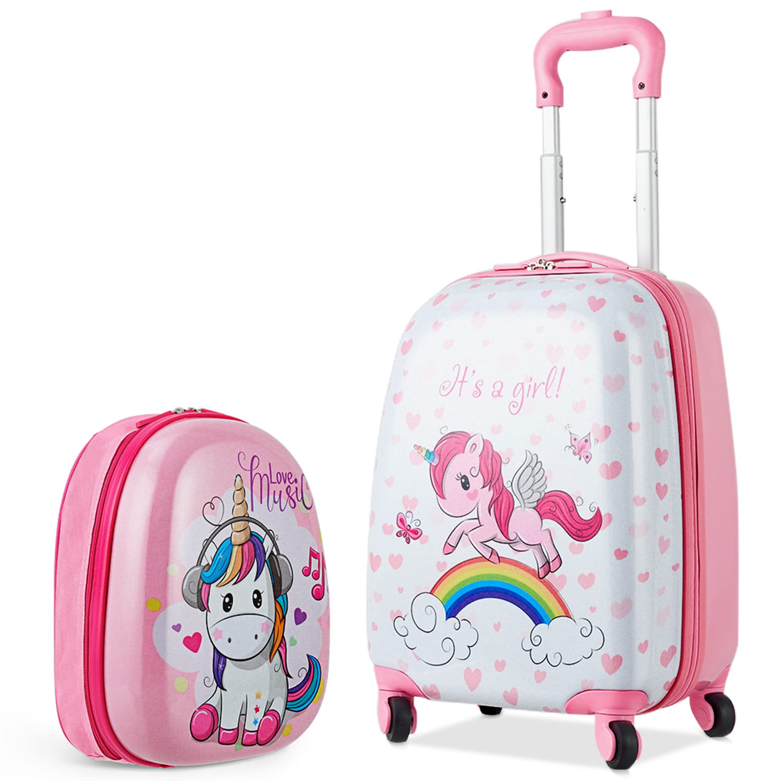 Olakids 12’’ Kids Travel Backpack & 16’’ Wheeled Carry-On Suitcase Set for Boys & Girls - 2-Piece Spinner Luggage with Wheels | Perfect for Airplane Trips, Family Vacations & School Travel (Unicorn Design)