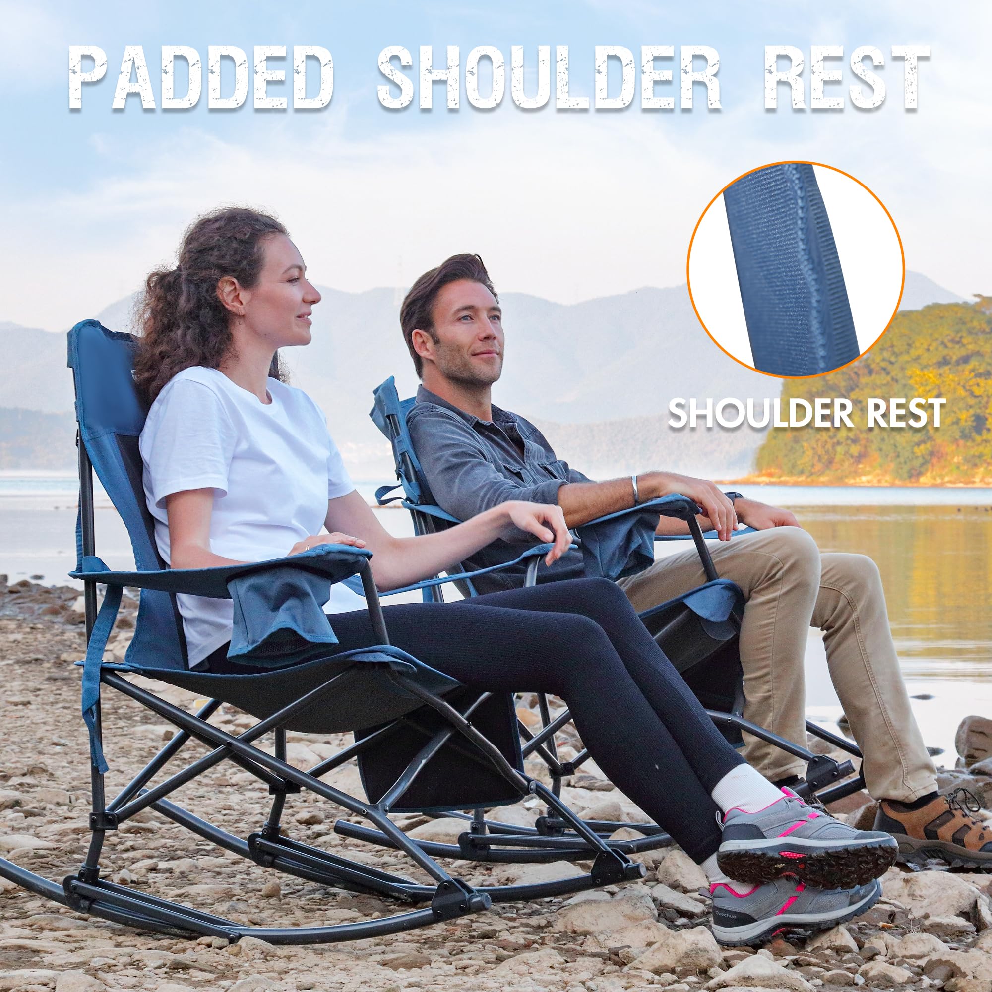 PORTAL Folding Camping Rocking Chair - Portable Outdoor Rocker with High Back, Cup Holder & Side Pocket - Includes Carry Bag - Supports 300 lbs - Perfect for Camping, Beach, Backyard & Patio Relaxation