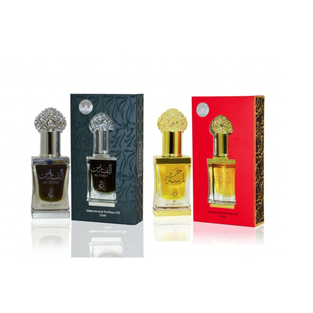 Arabiyat Lamsat Harir & Al Faris Concentrated Perfume Oil Set (2 x 12ml) - Long-Lasting Attar for Men & Women - Perfect for Daily Wear, Special Occasions & Gift Giving