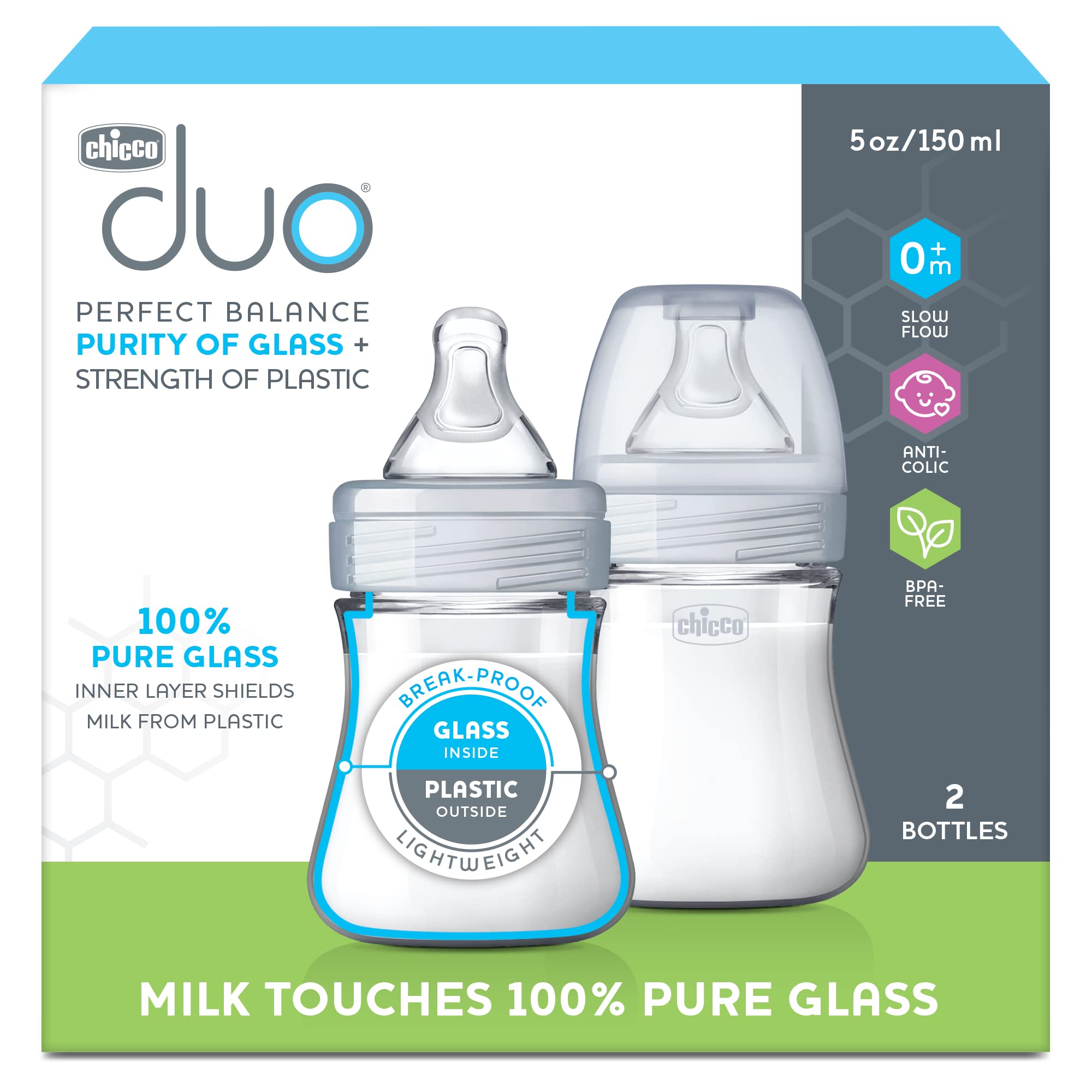 Chicco Duo 5oz Hybrid Baby Bottle with Invinci-Glass Inside & Plastic Outside - Dishwasher, Bottle Warmer & Sterilizer Safe - Intui-Latch Nipple - Clear/Grey, 2 Pack - Perfect for Breastfeeding, Formula Feeding & On-the-Go Use