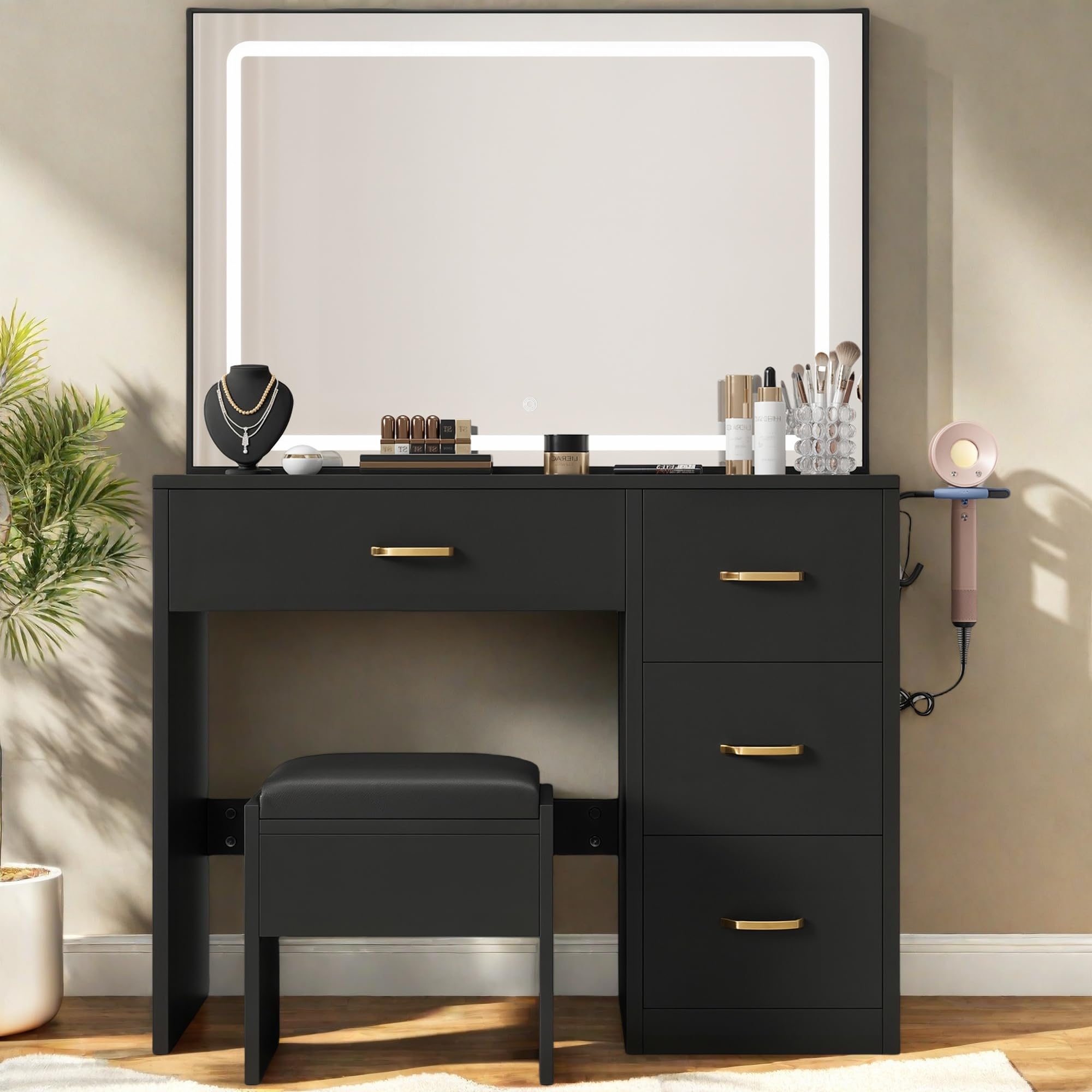 YITAHOME LED Vanity Desk with Adjustable Lighted Mirror, Makeup Dressing Table Set with Power Strip & 4 Storage Drawers - Includes Vanity Chair, Modern Bedroom Furniture for Women (Carbon Black) - Perfect for Makeup Application, Skincare Routine & Home Decor