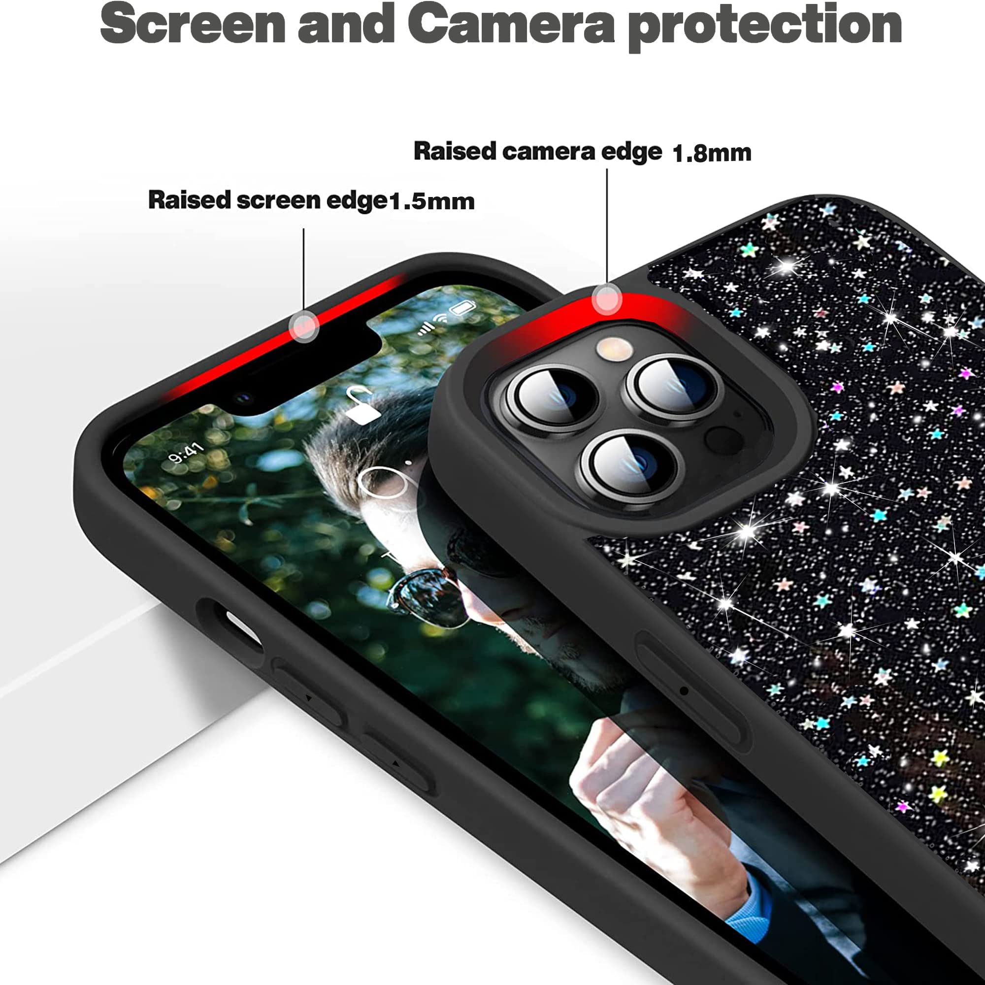 iPhone 14 Floral Case - Soft Clear Flexible TPU Phone Cover with Pressed Real Flowers & Glitter Accents | Compatible with iPhone 14 | Perfect Gift for Women & Girls | Everyday Protection & Stylish Design (Black)