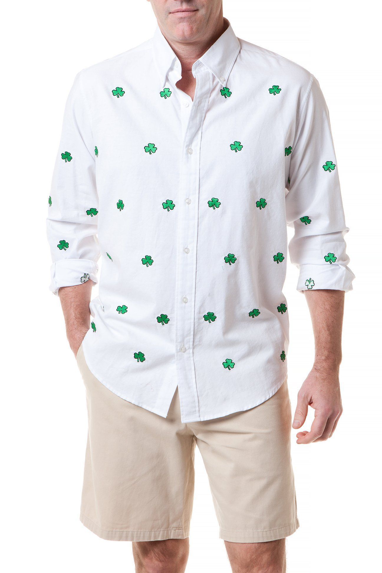 Men's White Oxford Shirt with Shamrock Print - Classic Straight Wharf Style for Casual & Business Wear