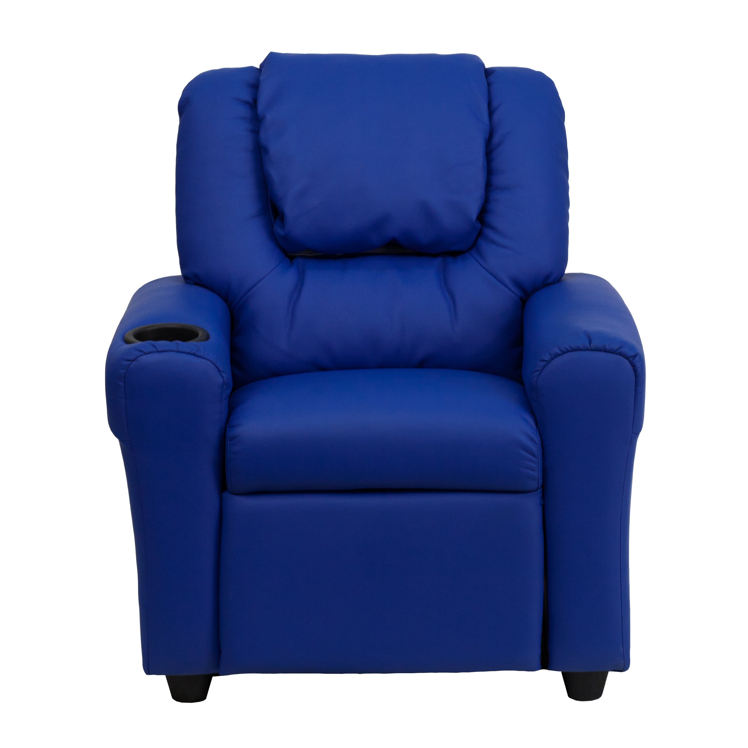 Blue Vinyl Kids Recliner Chair with Cup Holder & Headrest - Comfortable Children's Lounge Chair for Playroom, Bedroom or TV Watching