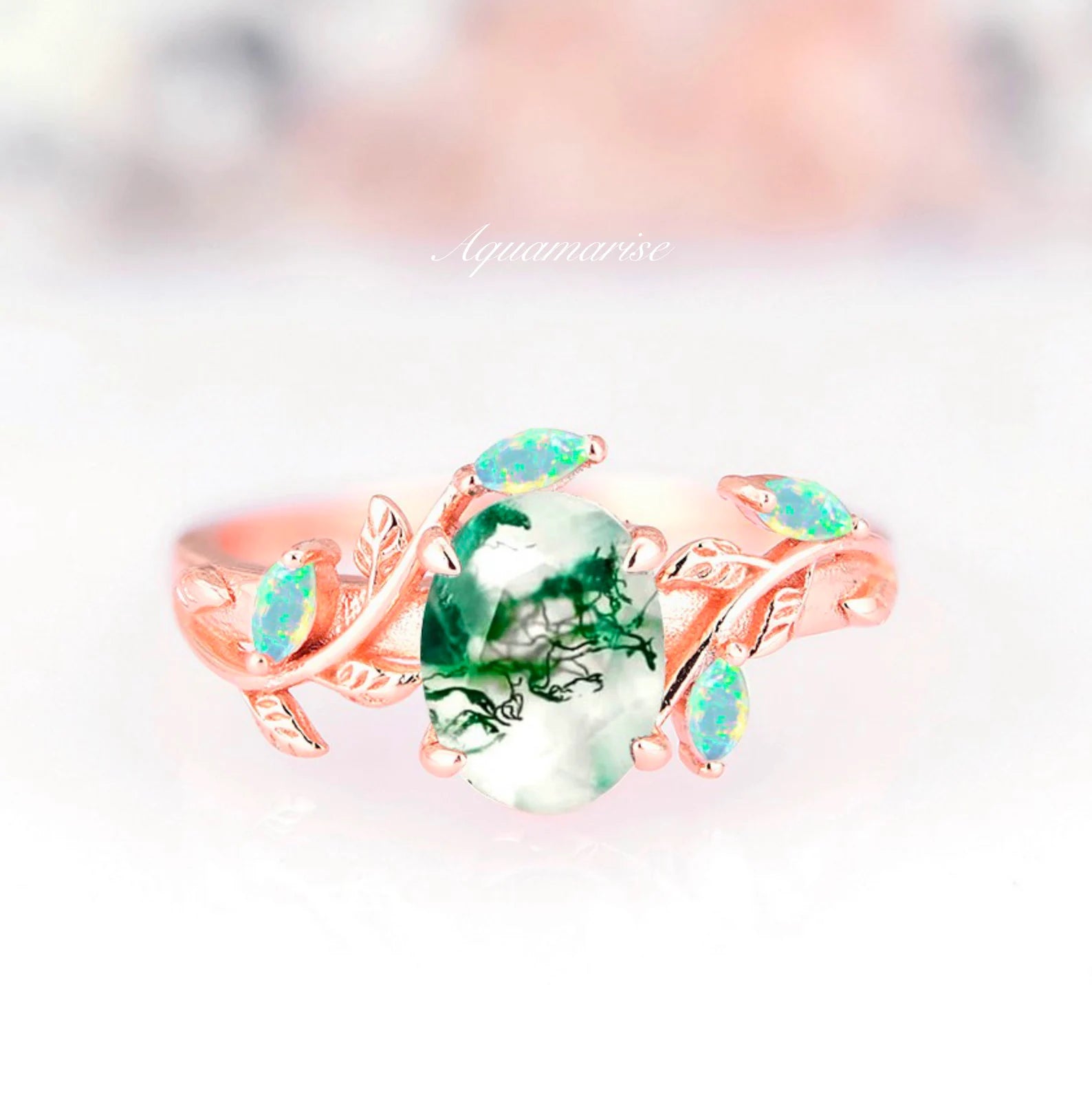 Moss Agate and Opal Leaf Couple Rings for Women and Men – Handmade Boho Wedding Bands, Nature-Inspired Promise Rings – Perfect for Anniversaries, Engagements, and Unique Gifts