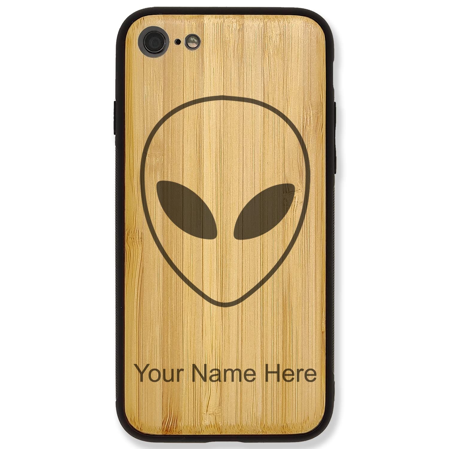 Premium Bamboo Phone Case for iPhone 7 Plus & 8 Plus - Alien Head Design with Free Personalized Engraving | Slim Protective Cover for Daily Use, Work & Outdoor Activities