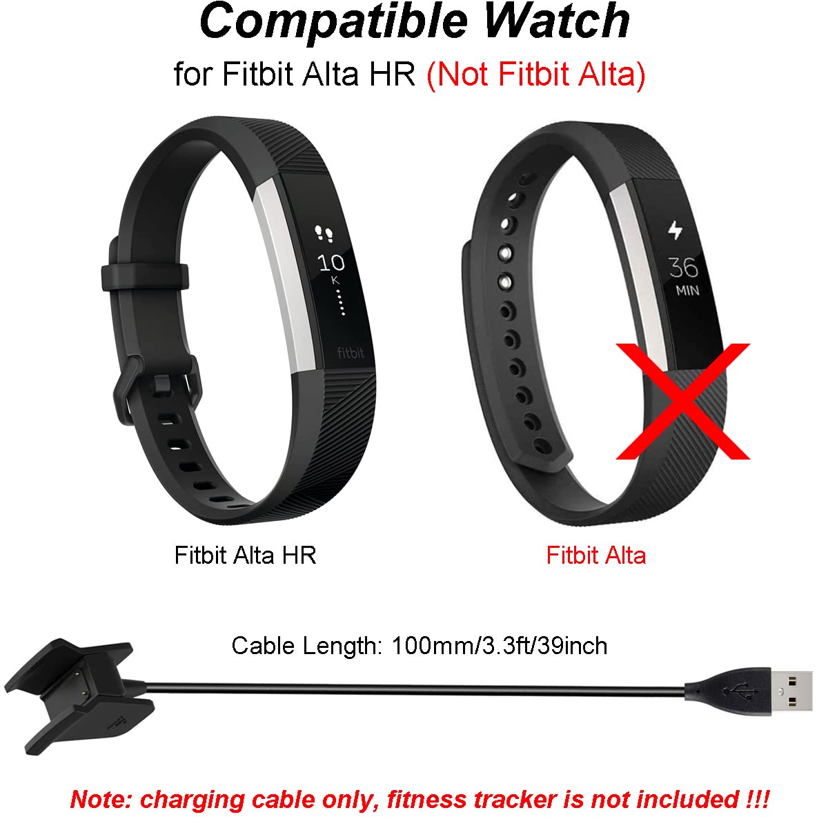 Fitbit Alta HR Charger Replacement - 2-Pack USB Charging Cable (1m/3.3ft) for Fitbit Alta HR Fitness Tracker | Perfect for Home, Office & Travel Charging