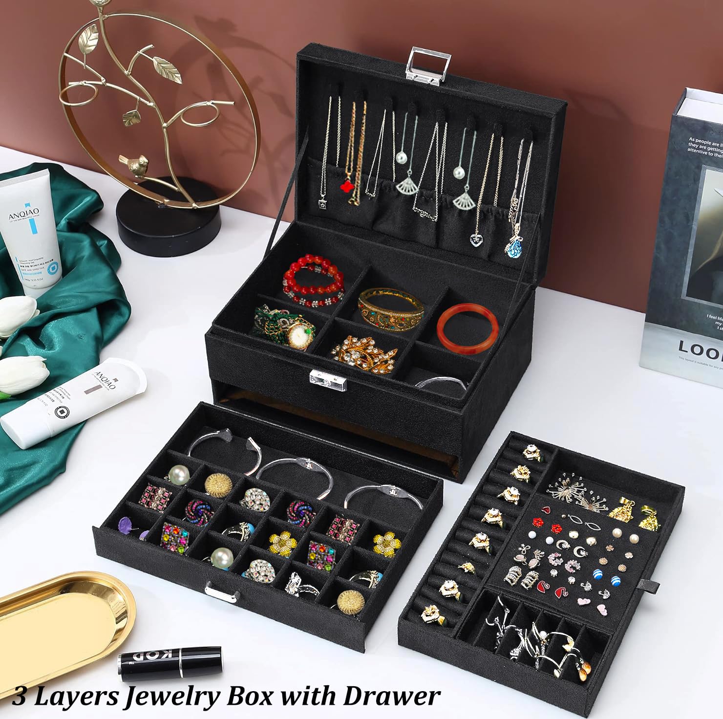 Black Velvet Jewelry Box with Lock for Women - Elegant Jewelry Organizer for Necklaces, Earrings, Rings & Bracelets | Perfect for Travel, Gift Giving & Bedroom Storage