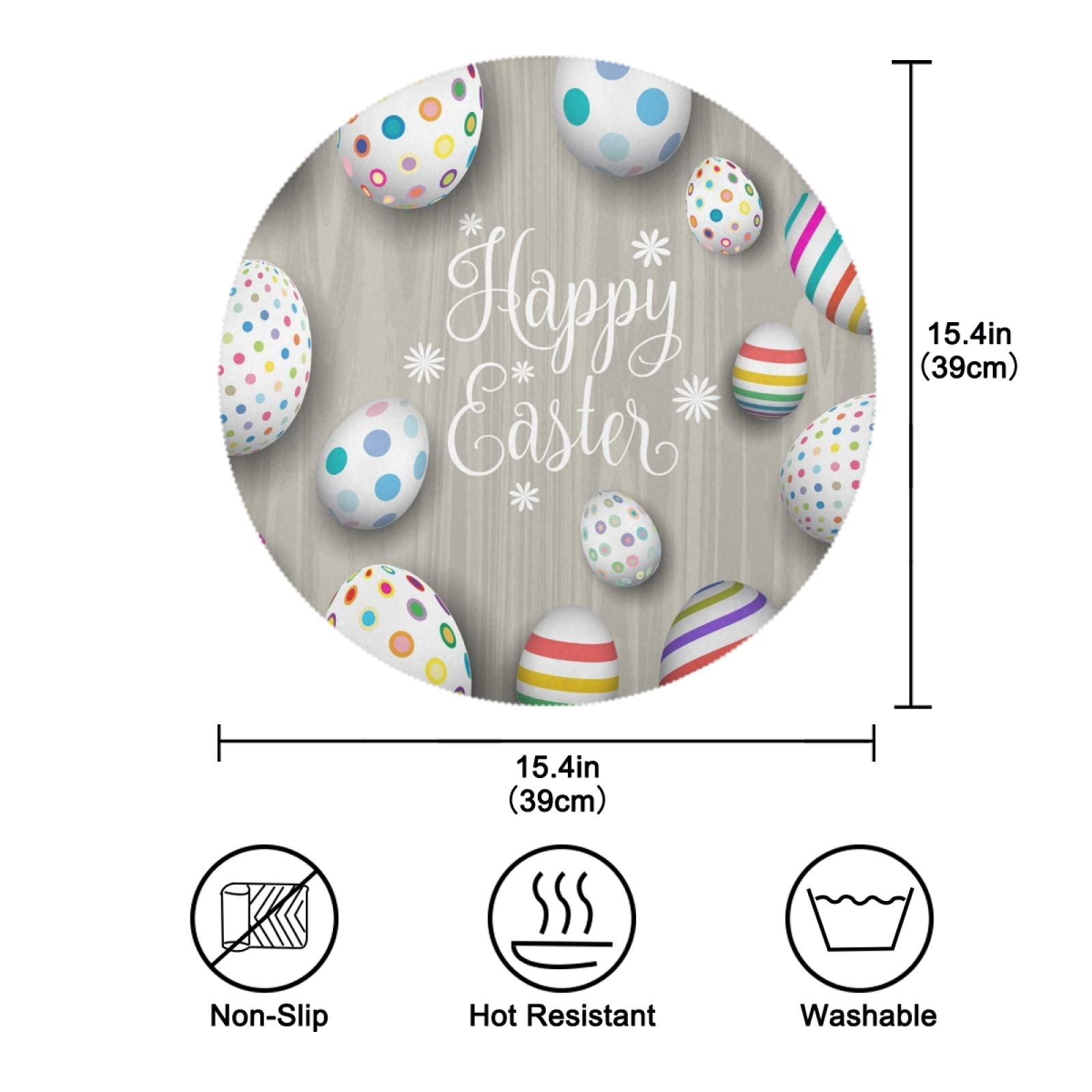 Easter Placemats Set of 6 - Round Wooden Easter Egg Design Washable Table Mats for Kitchen Dining, Holiday Decor & Spring Party Table Setting