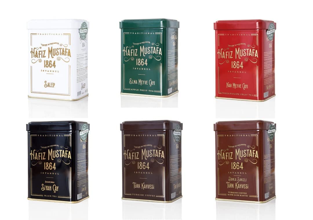 Hafiz Mustafa 1864 Istanbul Turkish Tea & Coffee Gift Set - 6 Tins Variety Pack (Pomegranate Tea, Apple Tea, Black Tea, Turkish Coffee, Mastic Gum Coffee, Salep) - Perfect for Birthday, Christmas Gifts, Home Enjoyment & Turkish Cultural Experience