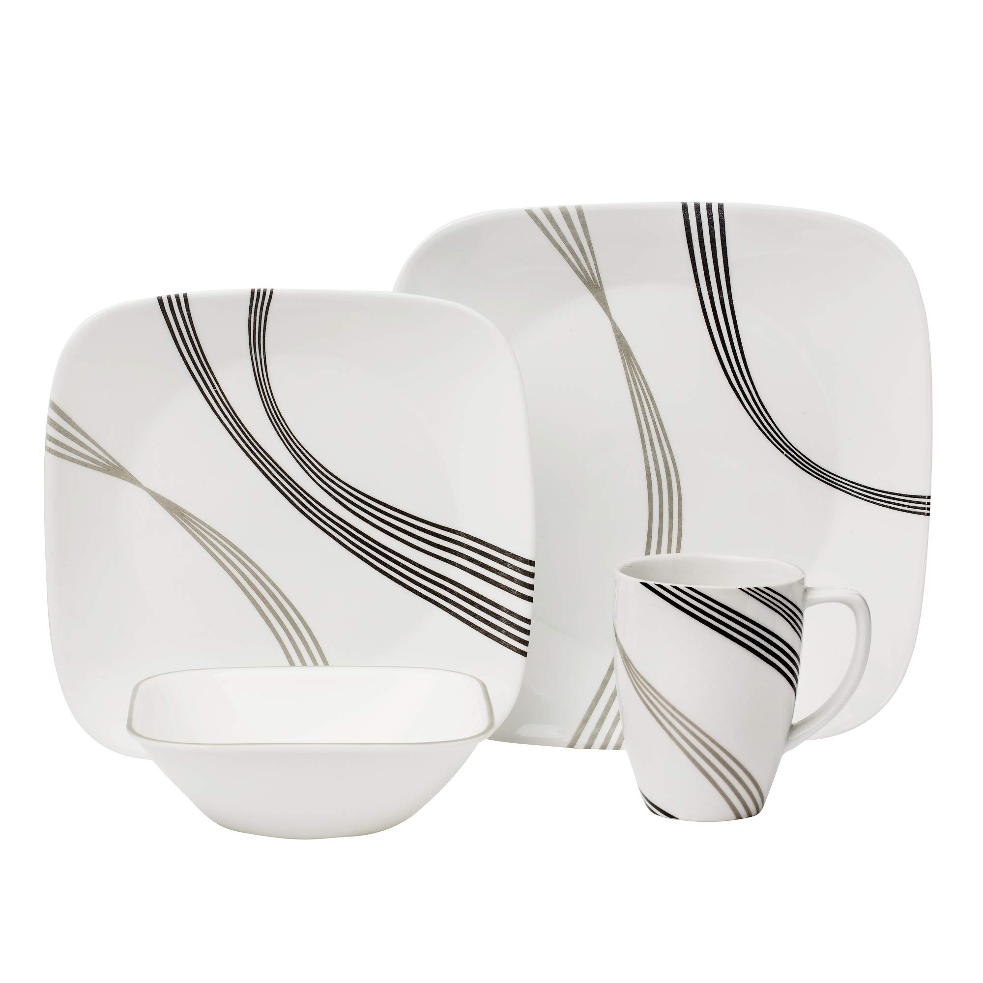 Corelle Boutique Square Urban Arc 16-Piece Dinnerware Set, Service for 4 - Modern Square Plates, Bowls & Mugs - Durable Chip-Resistant Dishware for Everyday Use, Family Dinners & Entertaining Guests