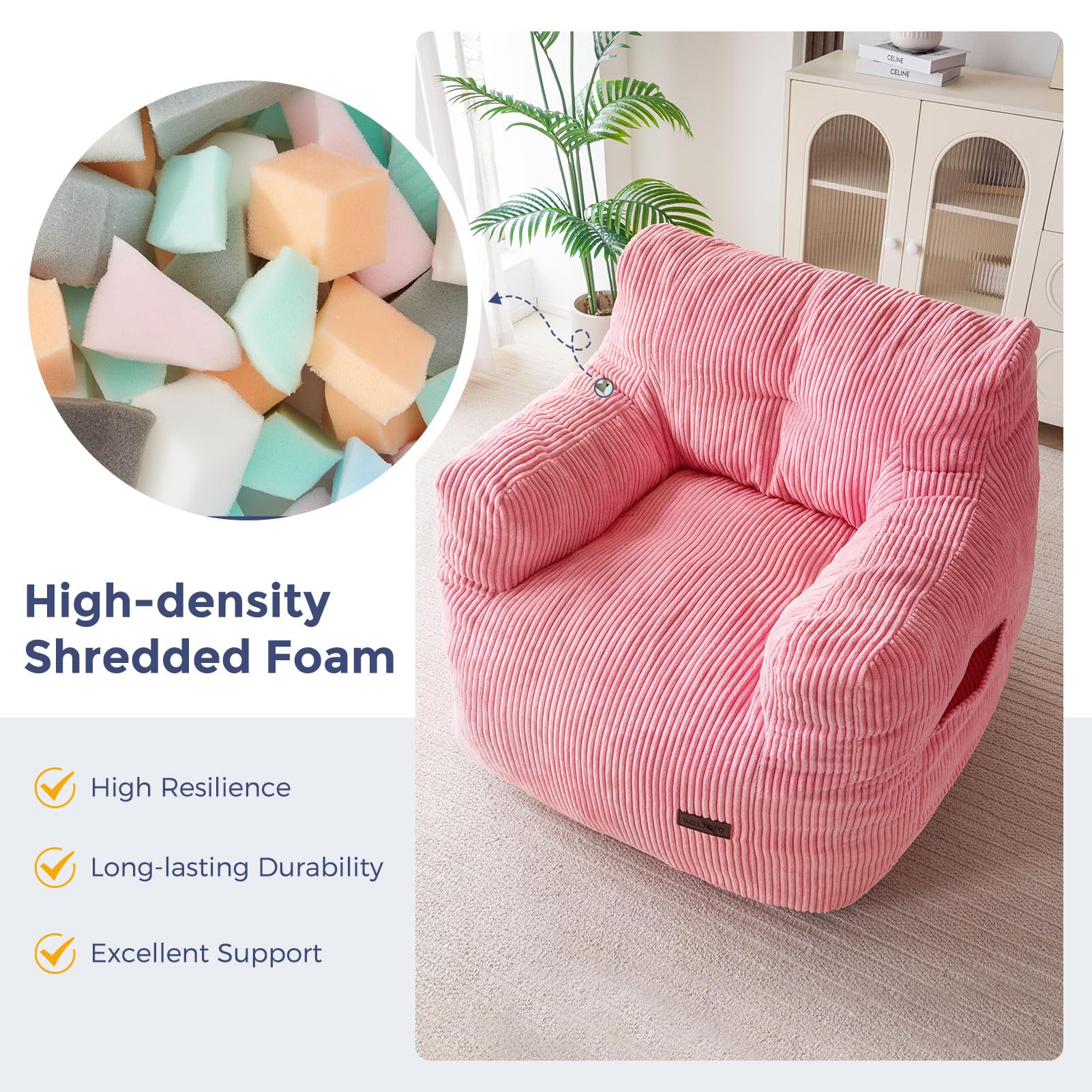 MAXYOYO Tufted Corduroy Bean Bag Chair for Adults & Teens - Pink Comfortable Lazy Sofa with Filler - Perfect for Living Room, Bedroom, Dorm or Game Room Relaxation