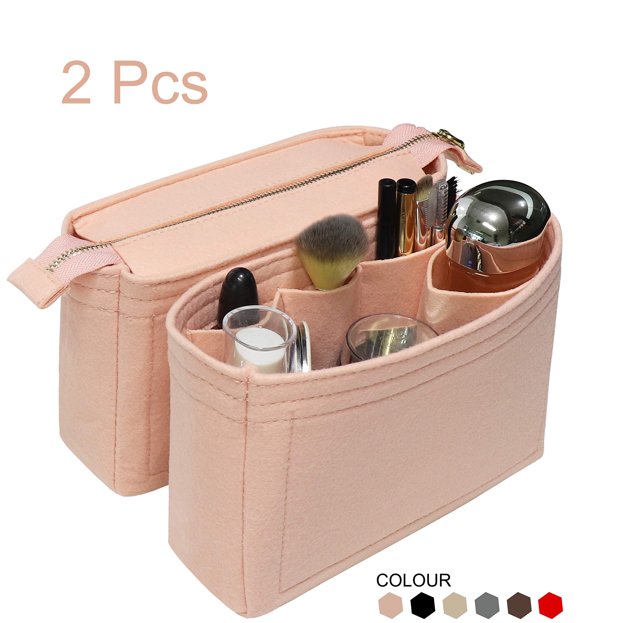 Soyizom 2-Pack Purse Organizer Insert with Zipper - Fits Louis Vuitton Neo Noe & Small Handbags for Women (Pink) | Perfect for Travel, Work & Daily Essentials Organization
