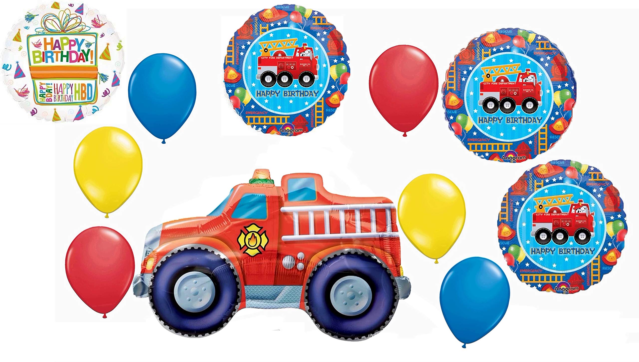 Fire Engine Truck Party Supplies - 11 Piece Balloon Bouquet Decorations Kit for Kids Birthday, Baby Shower & Firefighter Theme Decor