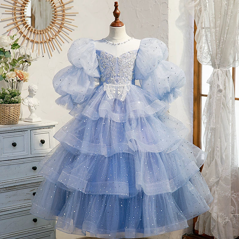 Royal Blue Organza Flower Girl Dress with Princess Round Neckline - Perfect for Weddings, Baptisms & Special Occasions