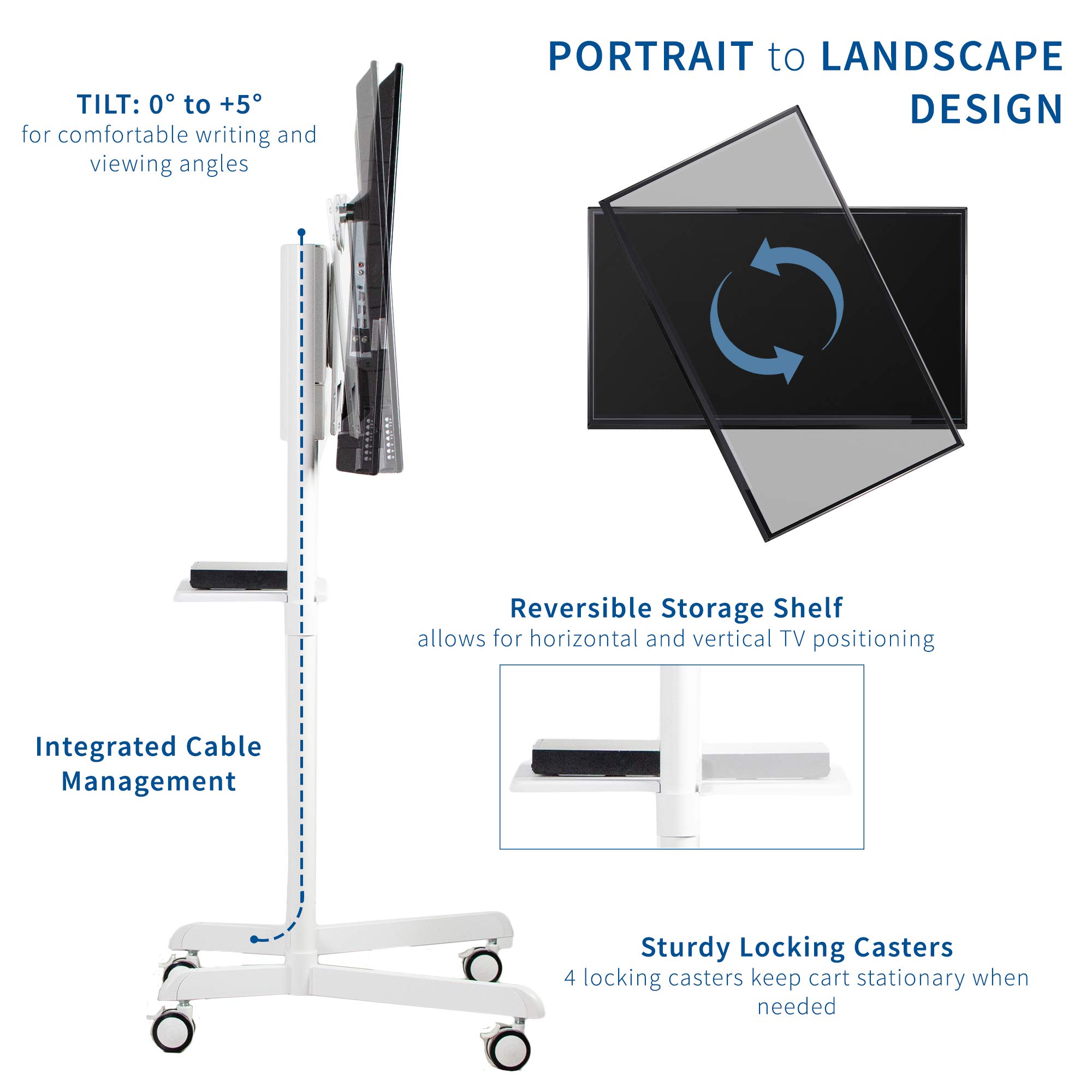 Premium TV Cart Stand for 32-88 Inch Screens up to 154 lbs - Universal Mobile TV Mount for Samsung Digital Flipchart, Microsoft Surface Hub 2S - Adjustable Portrait/Landscape with Shelf & Wheels - Max VESA 600x400 - White (STAND-TV02PW) - Perfect for Conference Rooms, Classrooms & Home Theaters