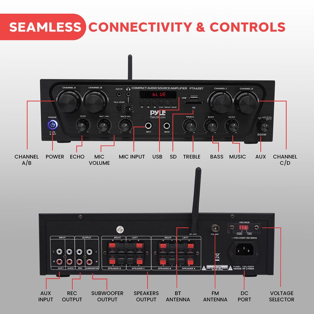 Wireless Bluetooth Home Audio Amplifier - High Power Stereo Receiver for Speakers, Home Theater & Multi-Room Music Streaming | Perfect for Parties, Living Room & Outdoor Entertainment