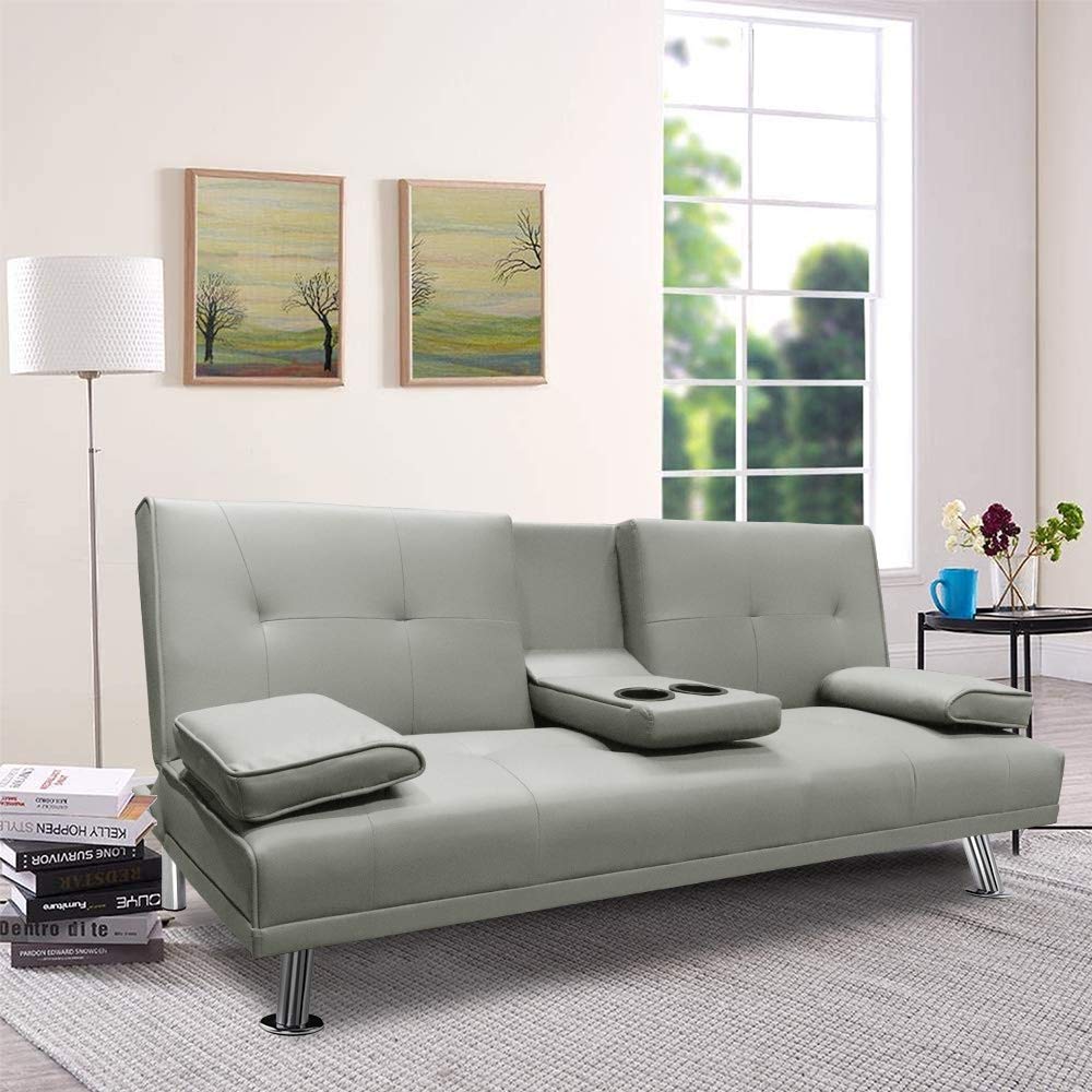 Modern Faux Leather Convertible Sofa Bed - Foldable Recliner Futon with Adjustable Backrest, Armrests & Cup Holders - Light Gray | Perfect for Living Room, Bedroom & Small Spaces