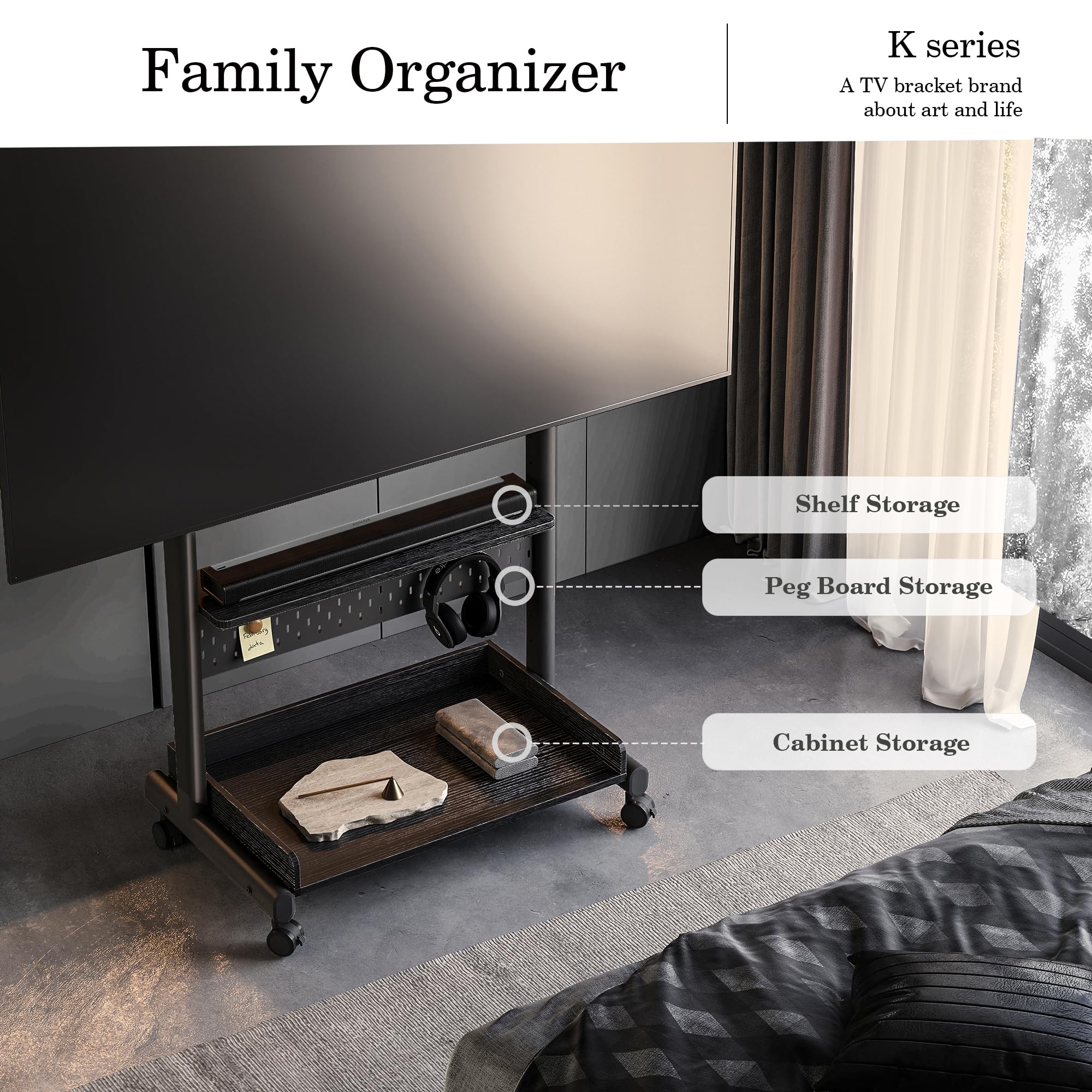 FITUEYES Rolling TV Stand for 40-85 Inch TVs - Mobile Floor TV Cart with Wheels & Wooden Shelf, Supports Up to 132 lbs - Perfect for Living Room, Bedroom, Office, or Dorm Room Entertainment Setup