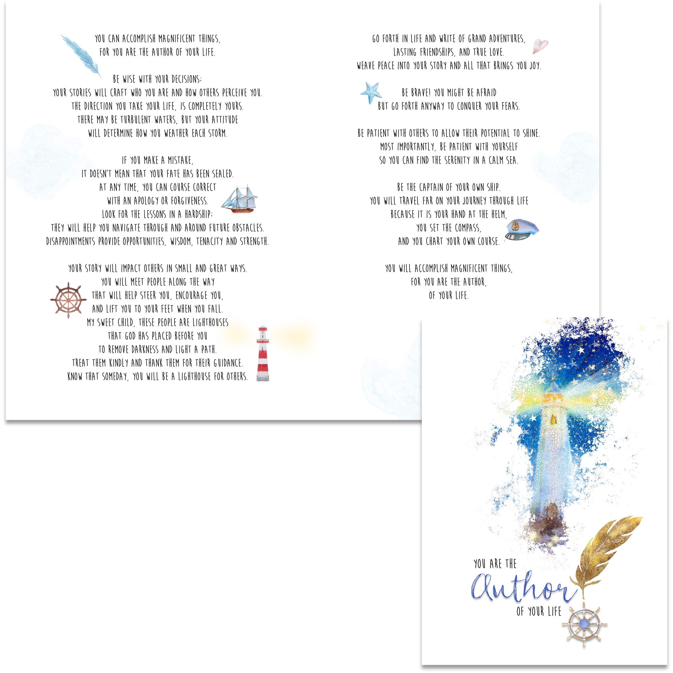 Graduation Card & Keychain Gift Set - Inspirational Author of Your Life Greeting Card with Lighthouse Beacon Keychain - Perfect Graduation Gift for Son, Daughter, Friends - Motivational Advice for Life, Love & Friendships - Ideal for Graduation Ceremonies, Parties & Celebrations