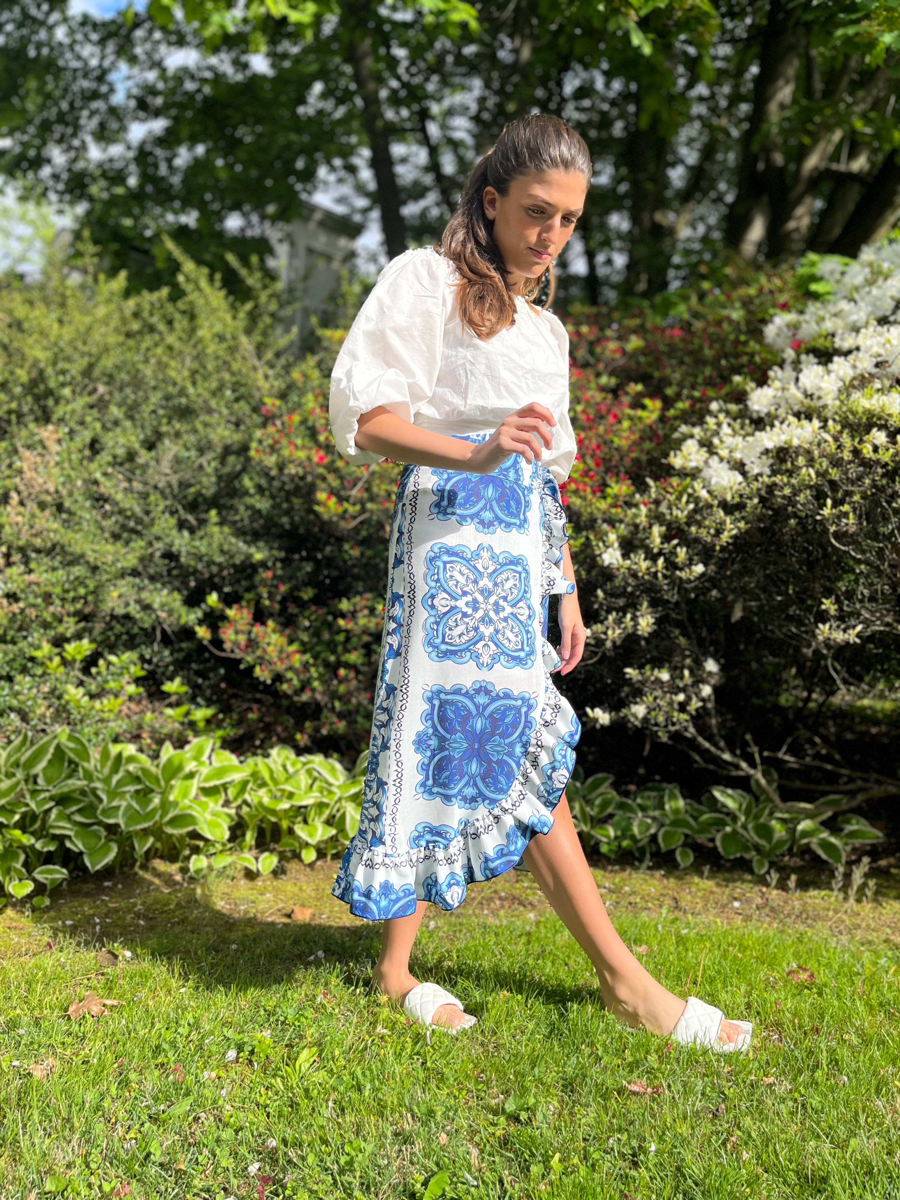 Blue and White Ruffle Wrap Skirt for Women - Flowy Summer Beach Skirt with Adjustable Waist | Perfect for Vacation, Date Night & Boho Outfits