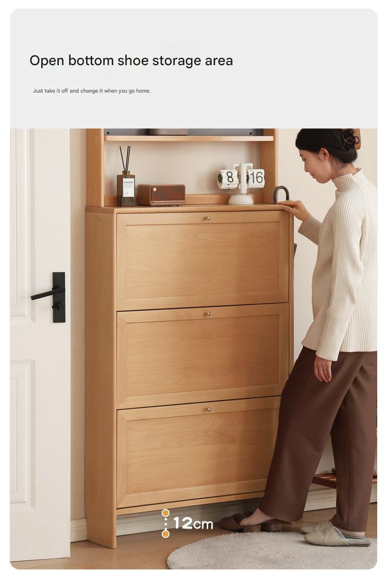 Beech Solid Wood Ultra Thin Flip Shoe Cabinet - Space Saving Shoe Storage for Entryway, Closet & Small Apartments