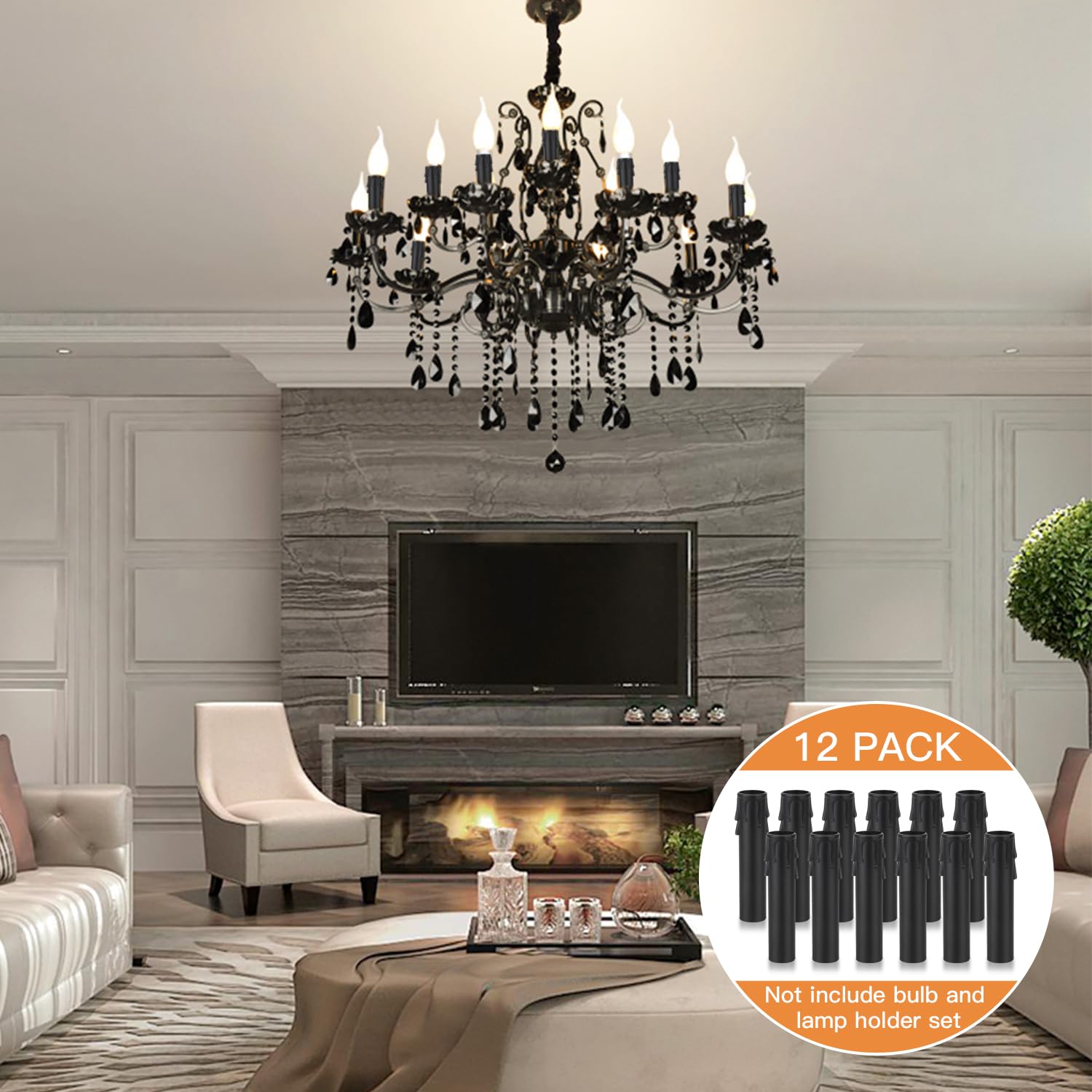 Helunsi 12 Pack Black Plastic Chandelier Candle Sleeves - 4 Inch E12 Candelabra Light Socket Covers for DIY Lamp Replacement Parts | Perfect for Dining Room, Bedroom, and Wedding Decor Lighting