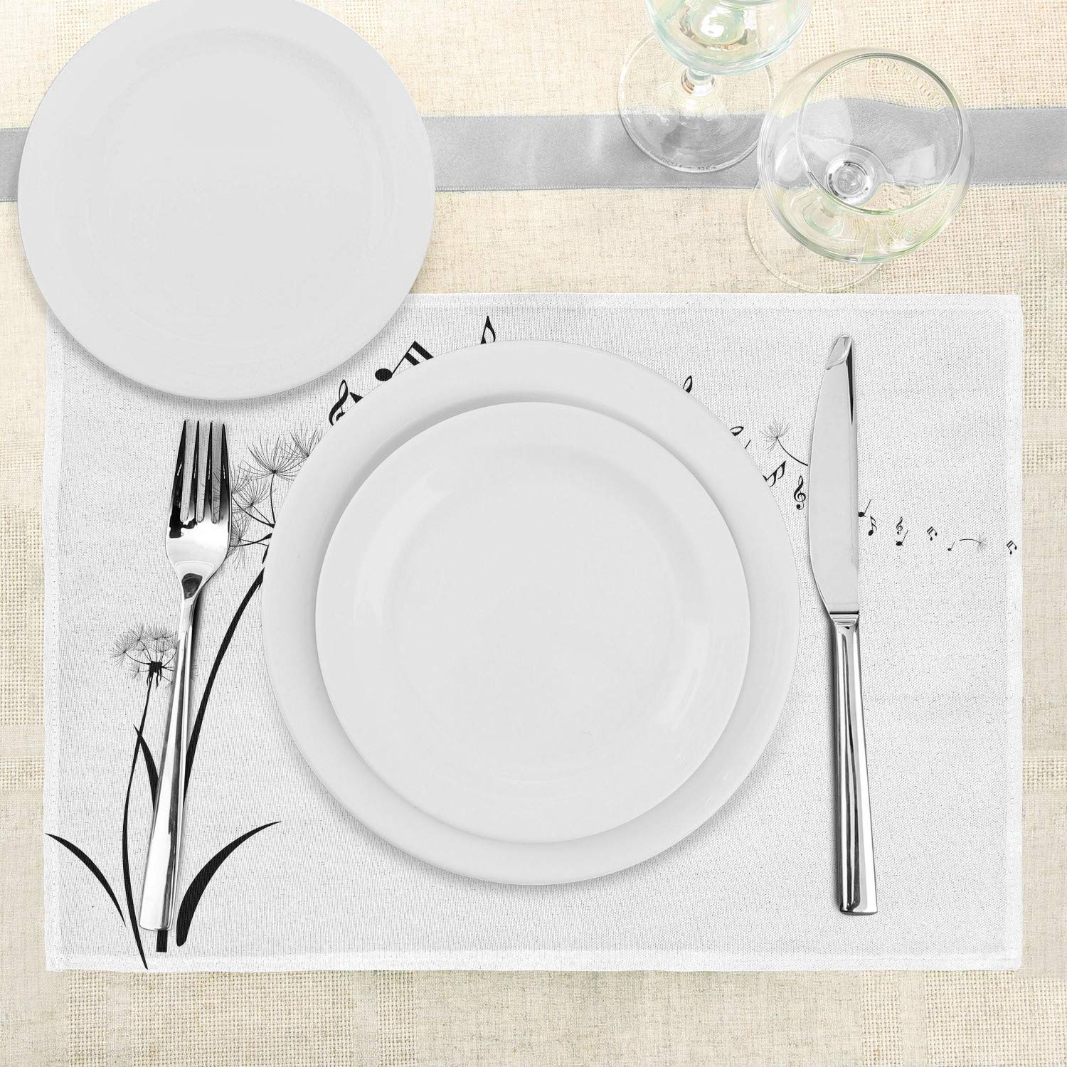 Ambesonne 4-Piece Music Placemats Set - Flying Dandelions with Musical Notes, Spring Meadow Silhouette Design, Soft Washable Fabric for Dining Table & Kitchen Decor (Black & White) | Perfect for Dinner Parties, Family Gatherings & Everyday Meals
